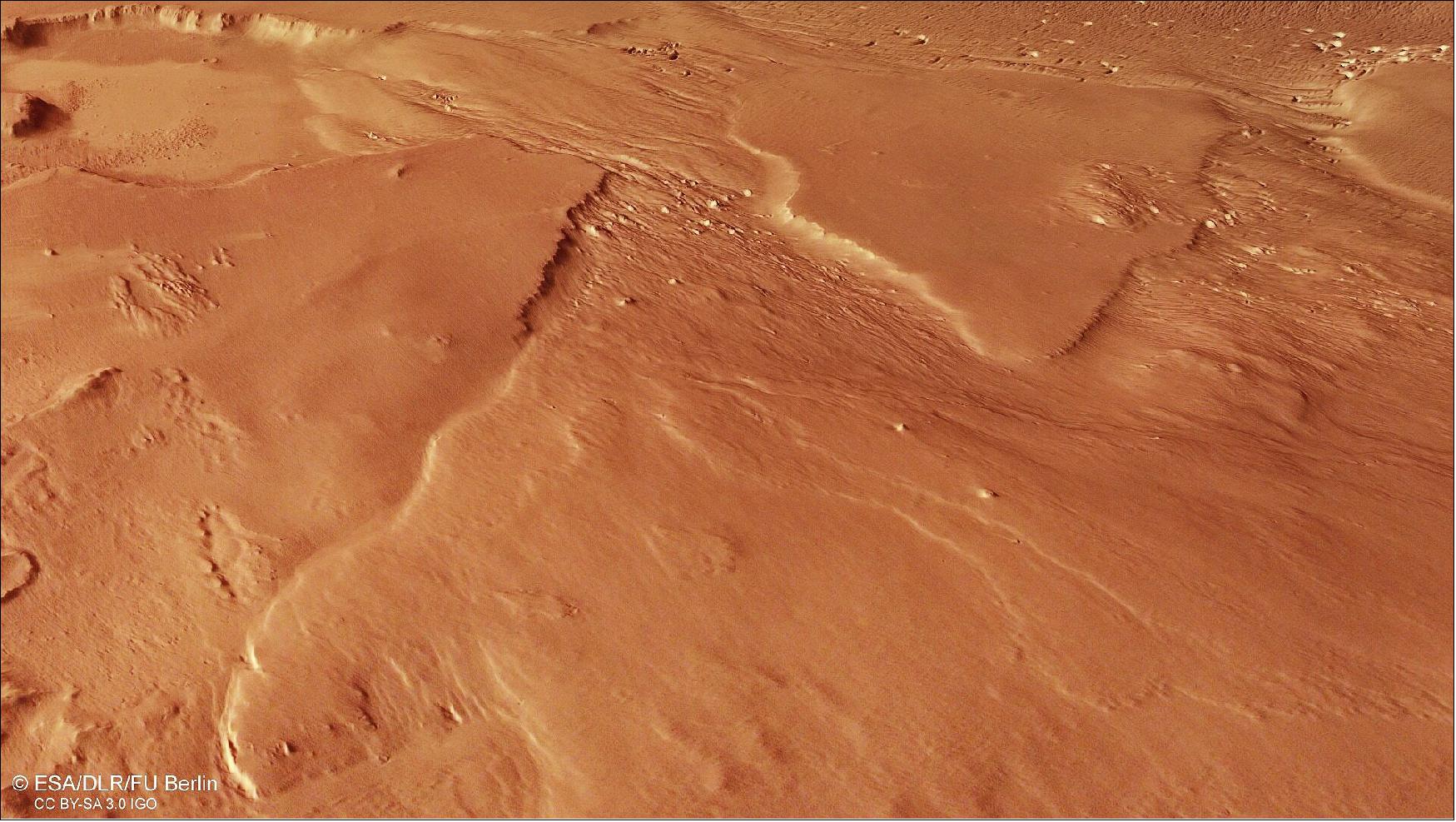 Figure 33: Second perspective view of Medusae Fossae. This oblique perspective view of Medusae Fossae on Mars was generated from the digital terrain model and the nadir and colour channels of the High Resolution Stereo Camera on ESA’s Mars Express (image credit: ESA/DLR/FU Berlin, CC BY-SA 3.0 IGO)