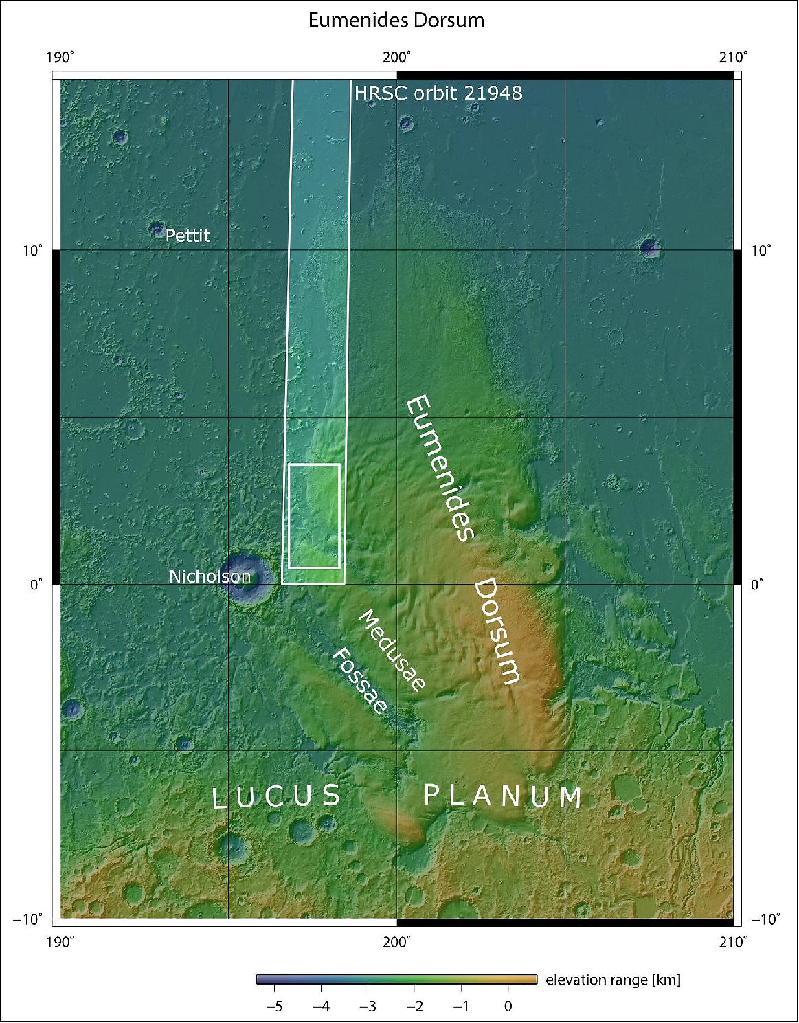 Figure 29: This image shows Medusae Fossae, the largest sedimentary deposit on Mars and an intensely wind-sculpted landscape, in wider context. The area outlined by the bold white box indicates the area imaged by the Mars Express High Resolution Stereo Camera on 14 May 2021 during orbit 21948 [image credit: Topography data by MOLA Science Team, Map compilation by freie Universität Berlin using GMT4 (NASA/MGS/MOLA Science Team)]