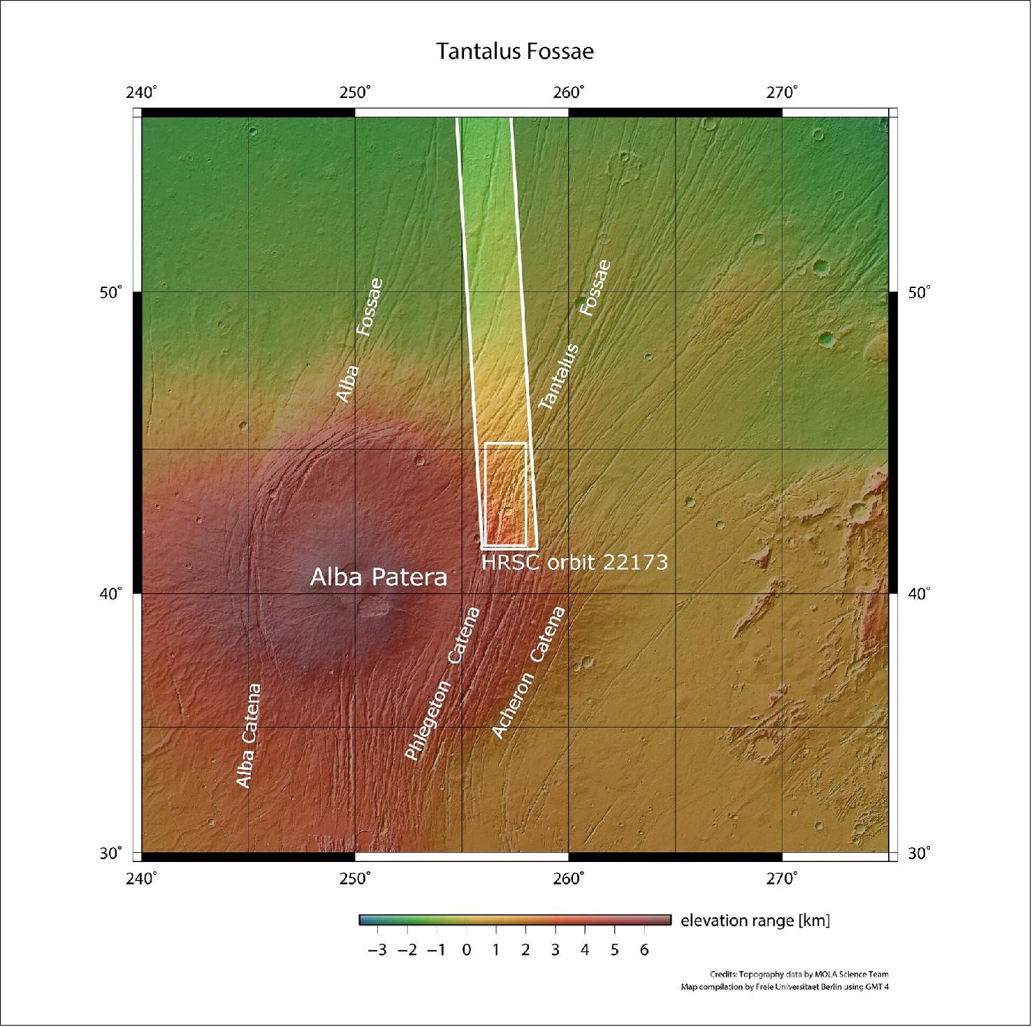 Figure 18: This image from ESA’s Mars Express shows part of Tantalus Fossae, a large system of faults found on Mars, in wider context. The area outlined by the bold white box indicates the area imaged by the Mars Express High Resolution Stereo Camera on 19 July 2021 during orbit 22173 (image credit: NASA/MGS/MOLA Science Team)