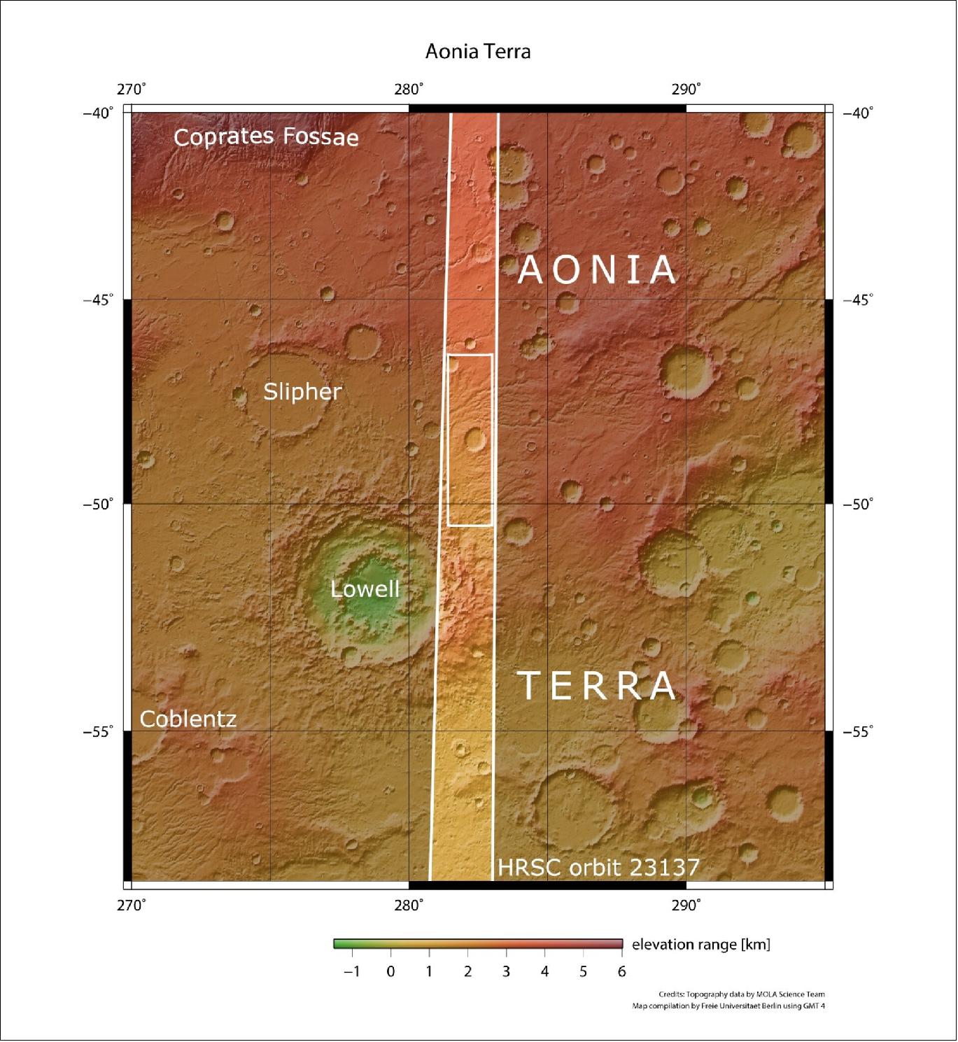 Figure 16: Aonia Terra in context. This image from ESA’s Mars Express shows part of the scarred and colourful landscape that makes up Aonia Terra, an upland region in the southern highlands of Mars. The area outlined by the bold white box indicates the area imaged by the Mars Express High Resolution Stereo Camera on 25 April 2022 during orbit 23137 (image credit: NASA/MGS/MOLA Science Team)
