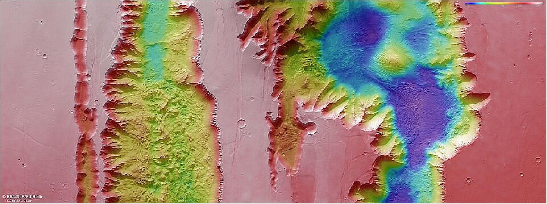 Figure 9: This colour-coded topographic image shows Ius and Tithonium Chasmata, which form part of Mars’ Valles Marineris canyon structure. It was created from data collected by ESA’s Mars Express on 21 April 2022. It is based on a digital terrain model of the region, from which the topography of the landscape can be derived. Lower parts of the surface are shown in blues and purples, while higher altitude regions show up in whites and reds, as indicated on the scale to the top right. - North is to the right. The ground resolution is approximately 25 m/pixel and the image is centred at about 272ºE/6ºS (image credit: ESA/DLR/FU Berlin, CC BY-SA 3.0 IGO)