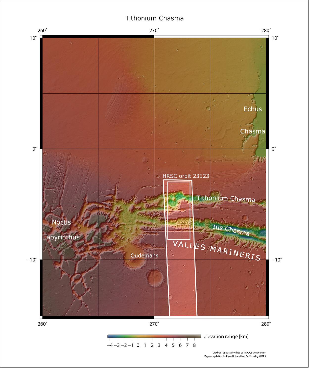 Figure 7: This image from ESA’s Mars Express shows Ius and Tithonium Chasmata, which form part of Mars’ Valles Marineris canyon structure. The area outlined by the bold white box indicates the area imaged by the Mars Express High Resolution Stereo Camera on 21 April 2022 during orbit 23123 (image credit: NASA/MGS/MOLA Science Team)