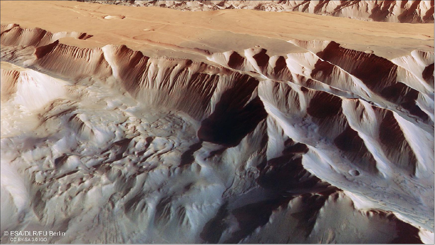 Figure 6: This oblique perspective view of Tithonium Chasmata, which forms part of Mars’ Valles Marineris canyon structure, was generated from the digital terrain model and the nadir and colour channels of the High Resolution Stereo Camera on ESA’s Mars Express. It shows part of the box marked 'dark dunes' in this annotated image (image credit: ESA/DLR/FU Berlin, CC BY-SA 3.0 IGO)