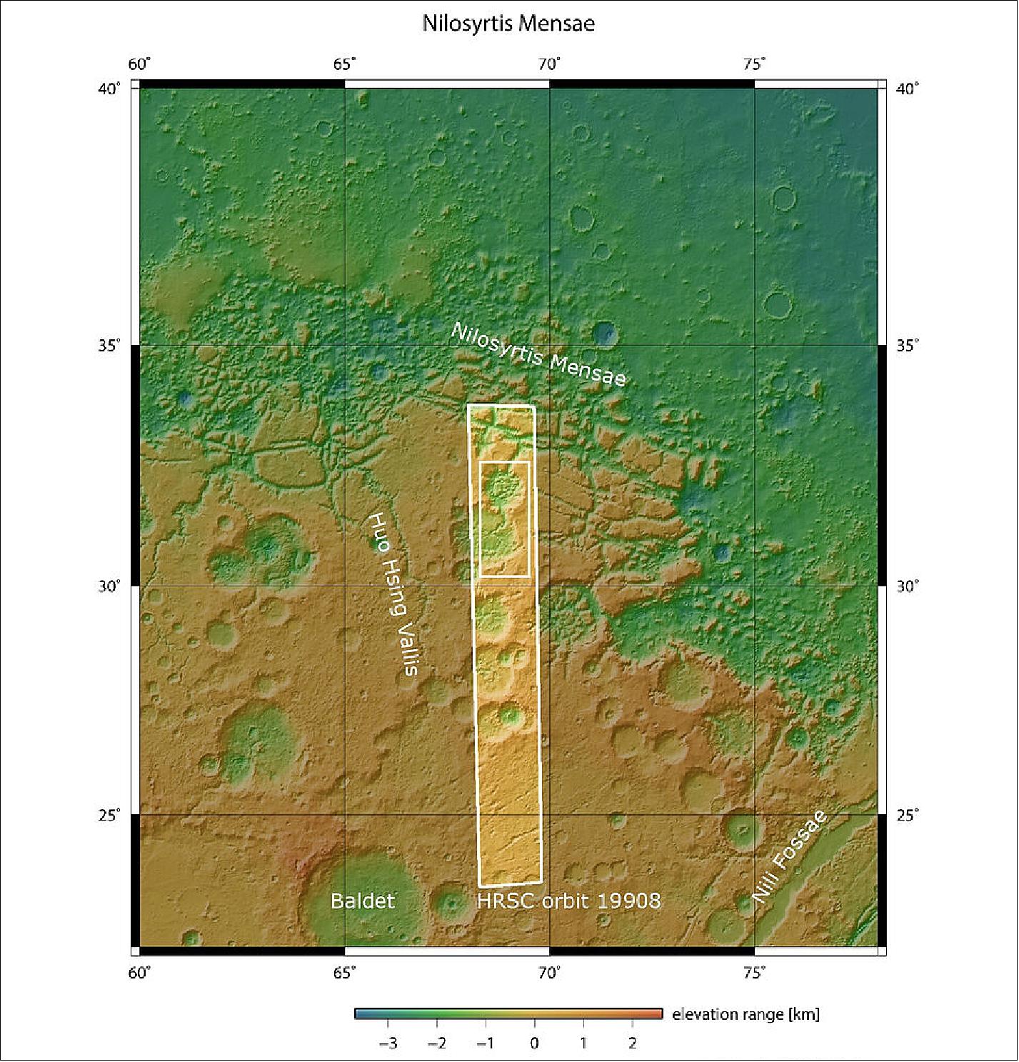 Figure 102: This image shows shows a region of Mars’ surface named Nilosyrtis Mensae in wider context. The area outlined by the bold white box indicates the area imaged by the Mars Express High Resolution Stereo Camera on 29 September 2019 during orbit 19908 (image credit: NASA MGS MOLA Science Team)