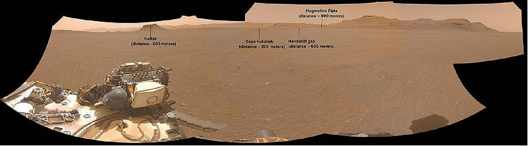 Figure 11: This is an annotated version of the Figure 10 panorama that notes important features in the distance as well as how far away they are (image credit: NASA/JPL-Caltech)