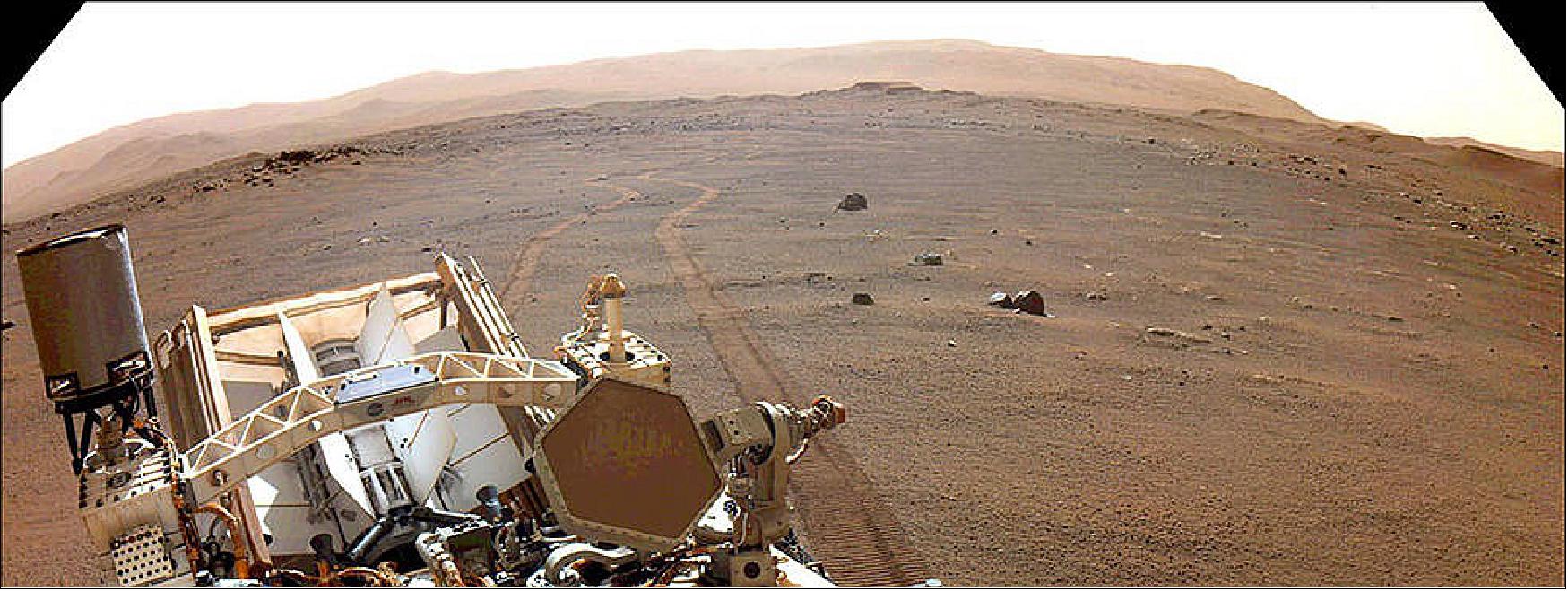 Figure 19: NASA's Perseverance Mars rover looks back at its wheel tracks on March 17, 2022, the 381th Martian day, or sol, of the mission (image credits: NASA/JPL-Caltech)