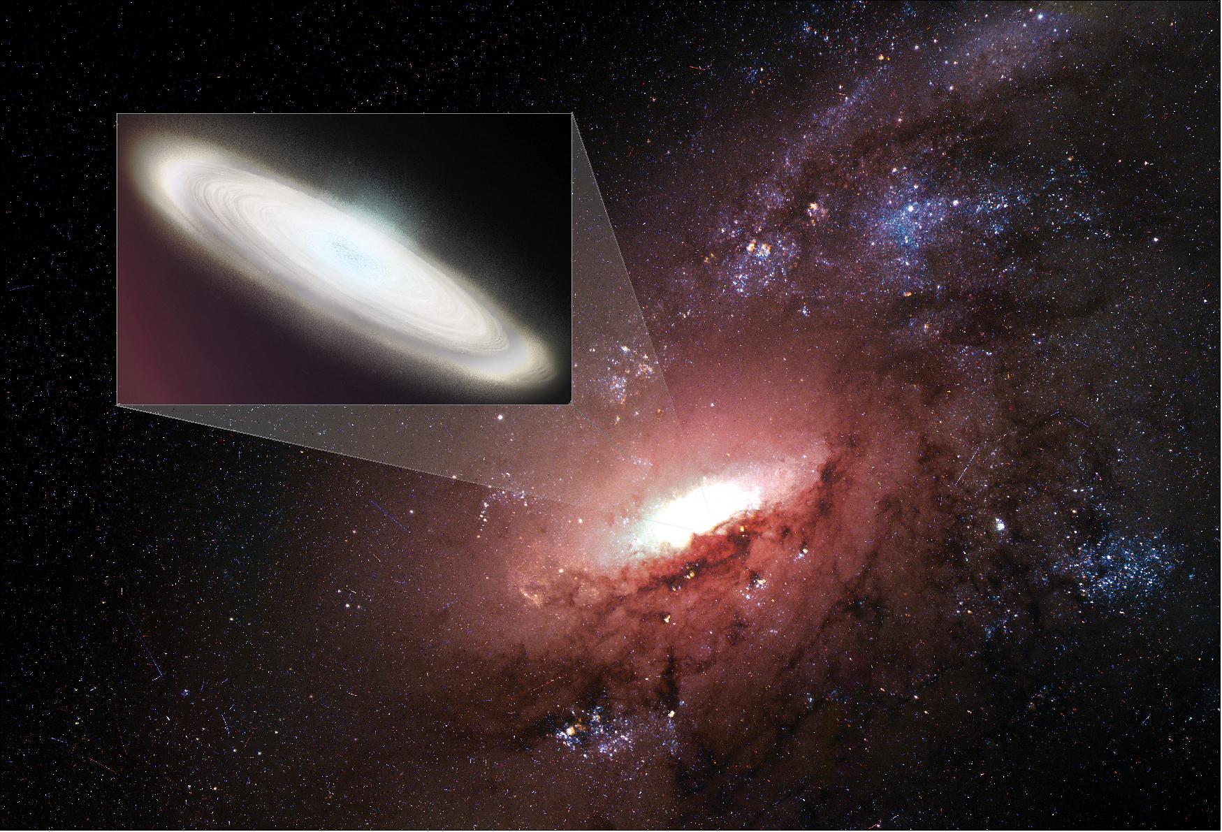 Figure 51: Artist's conception illustrating a disk of water-bearing gas orbiting the supermassive black hole at the core of a distant galaxy. By observing maser emission from such disks, astronomers can use geometry to measure the distance to the galaxies, a key requirement for calculating the Hubble Constant (image credit: Sophia Dagnello, NRAO/AUI/NSF)