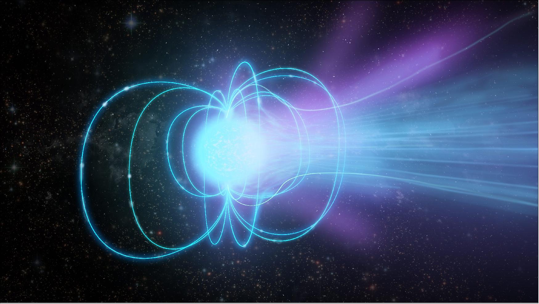 Figure 44: Artist's conception of a magnetar — a superdense neutron star with an extremely strong magnetic field. In this illustration, the magnetar is emitting a burst of radiation (image credit: Sophia Dagnello, NRAO/AUI/NSF)