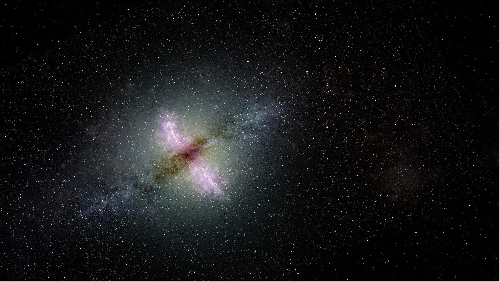 Figure 39: Artist's conception of a galaxy with an active nucleus propelling jets of material outward from the galaxy's center (image credit: Sophia Dagnello, NRAO/AUI/NSF)