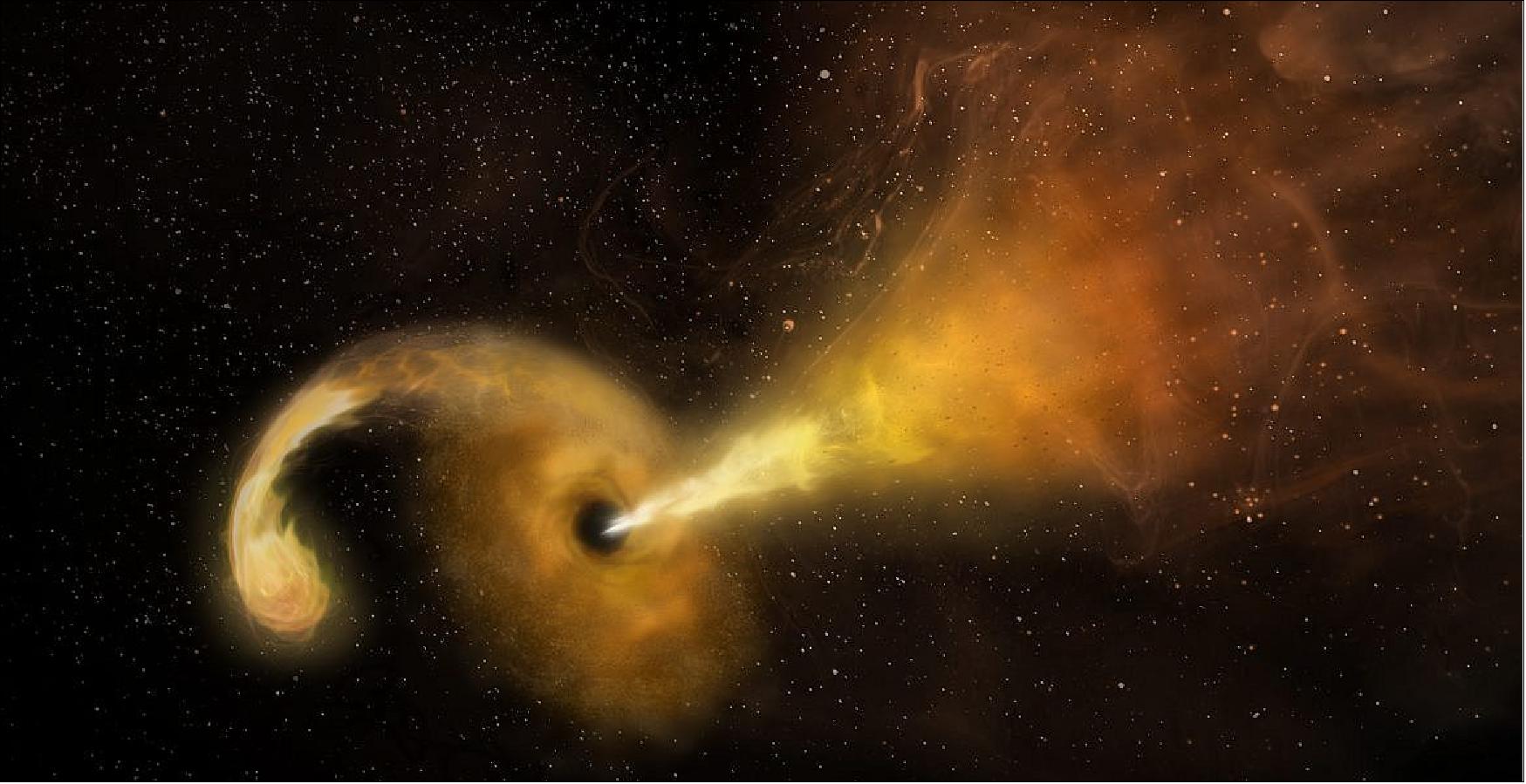 Figure 28: Artist's conception of a Tidal Disruption Event (TDE) — a star being shredded by the powerful gravity of a supermassive black hole. Material from the star spirals into a disk rotating around the black hole, and a jet of particles is ejected (image credit: Sophia Dagnello, NRAO/AUI/NSF)