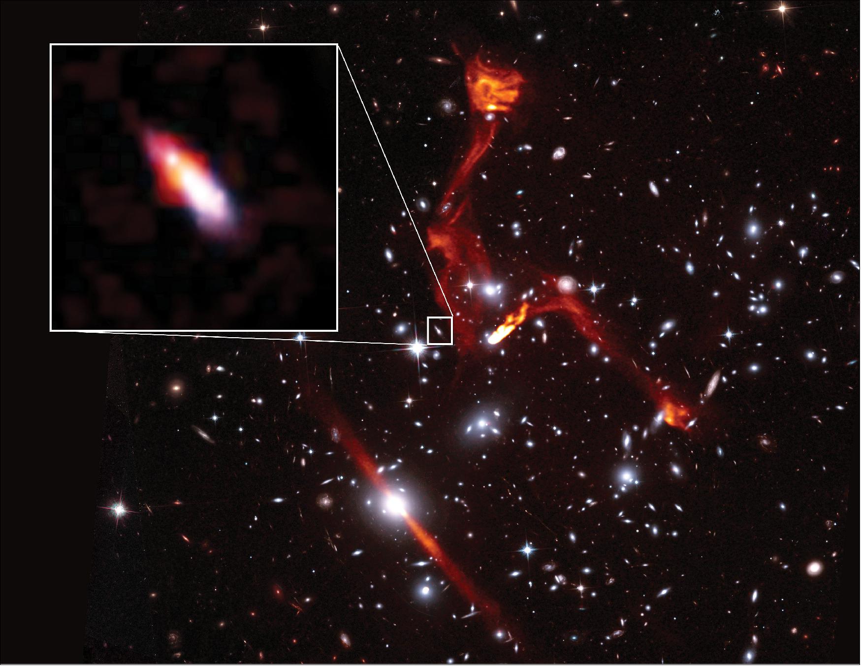 Figure 27: VLA radio image superimposed on a Hubble Space Telescope image of the galaxy cluster MACSJ0717.5+3745. Pullout shows distant galaxy VLAHFF-J071736.66+374506.4, far beyond the cluster, and likely the faintest radio-emitting object ever detected. The cluster is more than 5 billion light-years from Earth; the background galaxy more than 8 billion light-years distant (image credit: Heywood et al.; Sophia Dagnello, NRAO/AUI/NSF; STScI)