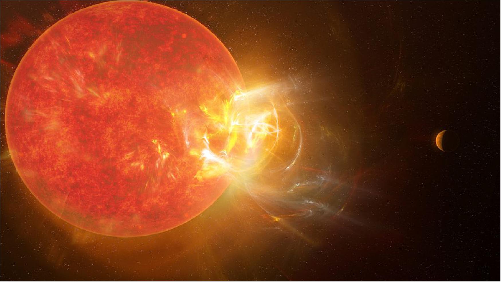 Figure 24: Artist's conception of the violent stellar flare from Proxima Centauri discovered by scientists in 2019 using nine telescopes across the electromagnetic spectrum, including the Atacama Large Millimeter/submillimeter Array (ALMA). Powerful flares eject from Proxima Centauri with regularity, impacting the star's planets almost daily (image credit: S. Dagnello, NRAO/AUI/NSF)
