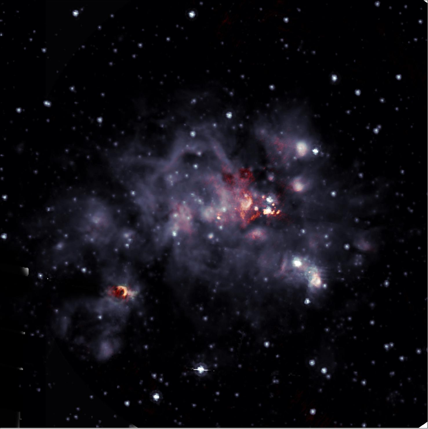 Figure 23: Radio-infrared overlay of W49A molecular cloud (image credits: DePree, et al.; Sophia Dagnello, NRAO/AUI/NSF; Spitzer/NASA)