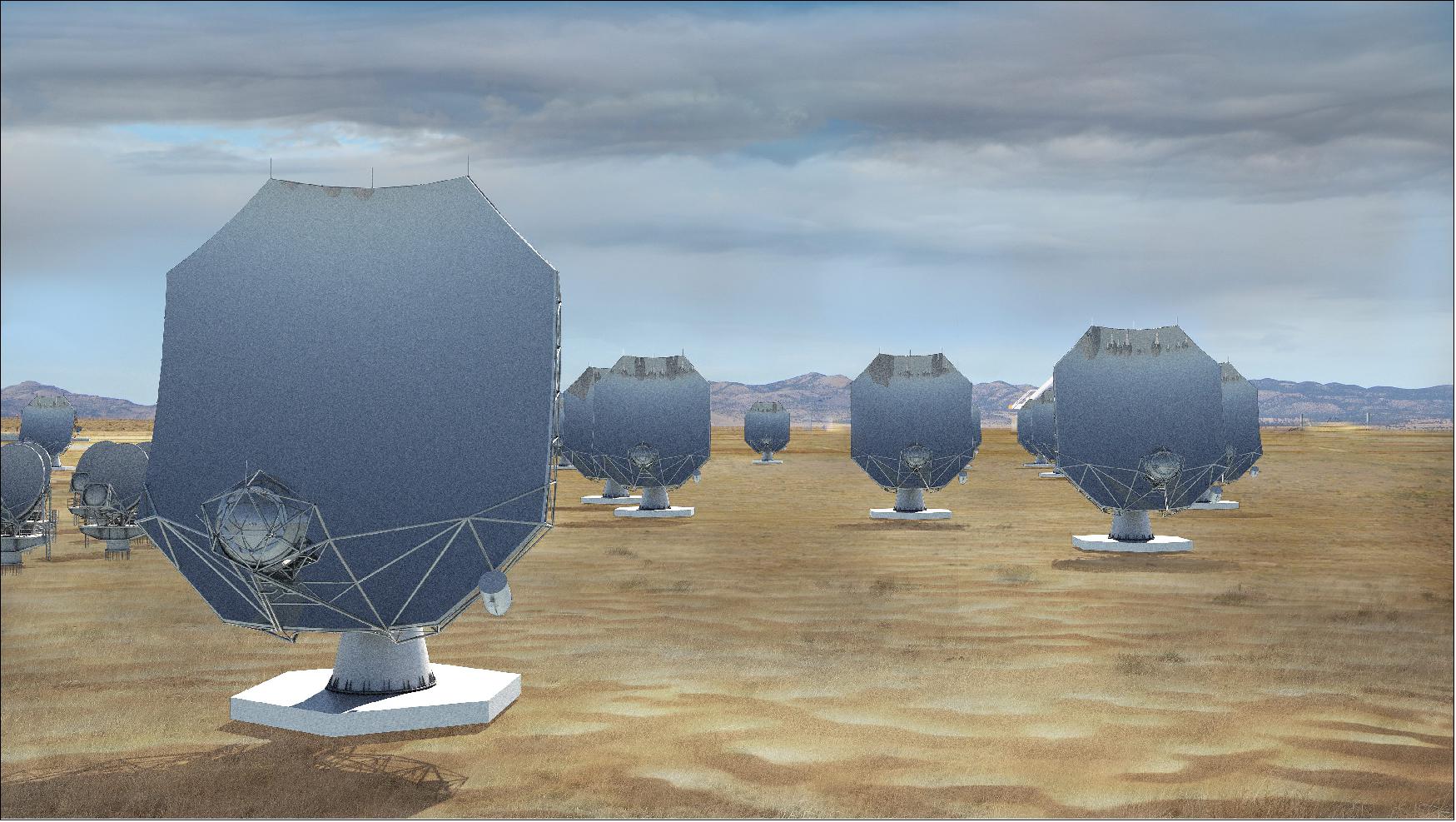 Figure 22: Artist's conception of ngVLA antennas at the current site of the Karl G. Jansky Very Large Array on the Plains of San Agustin in west-central New Mexico (image credit: NRAO/AUI/NSF, Sophia Dagnello)