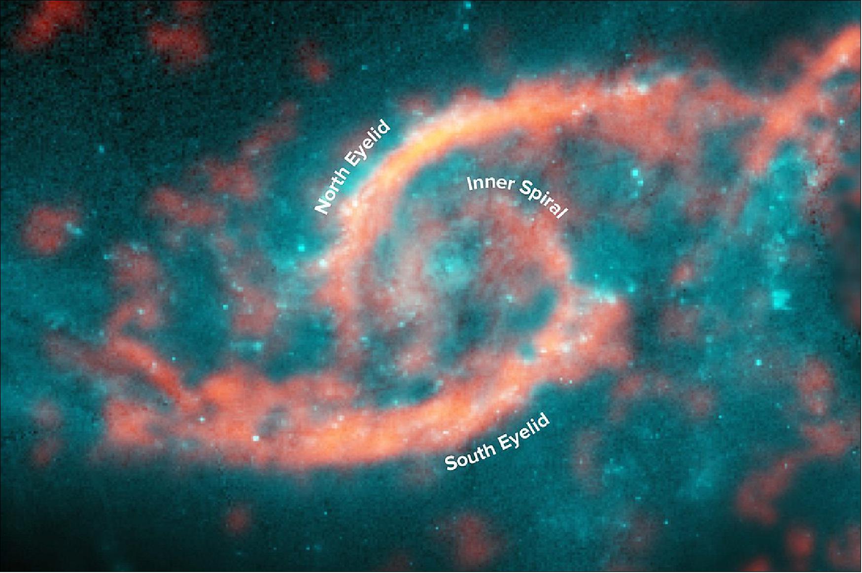Figure 68: Annotated image showing dazzling eyelid-like features bursting with stars in galaxy IC 2163 formed from a tsunami of stars and gas triggered by a glancing collision with galaxy NGC 2207 (a portion of its spiral arm is shown on right side of image). ALMA image of carbon monoxide (orange), which revealed motion of the gas in these features, is shown on top of Hubble image (blue) of the galaxy (image credit: M. Kaufman; B. Saxton (NRAO/AUI/NSF); ALMA (ESO/NAOJ/NRAO); NASA/ESA Hubble Space Telescope)