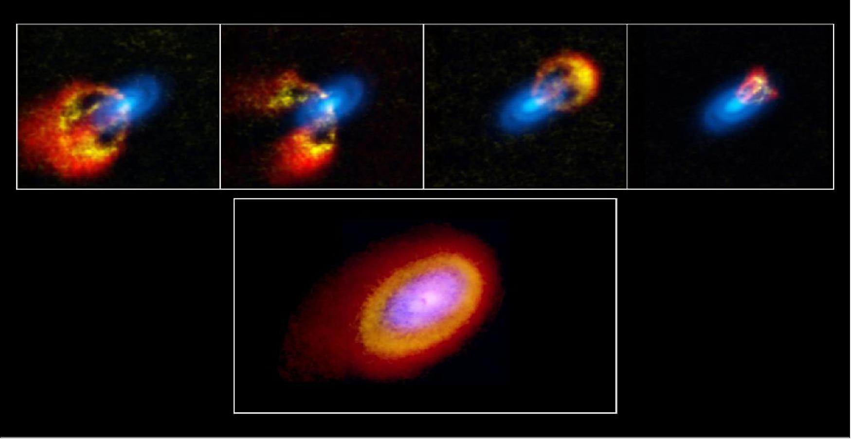 Figure 20: New observations of young stellar object Elias 2-27 confirm gravitational instabilities and planet-forming disk mass as key to formation of giant planets. Using gas velocity data, scientists observing Elias 2-27 were able to directly measure the mass of the young star’s protoplanetary disk and also trace dynamical perturbations in the star system. Visible in this paneled composite are the dust continuum 0.87mm emission data (blue), along with emissions from gases C18O (yellow) and 13CO (red). [image credit: ALMA (ESO/NAOJ/NRAO)/T. Paneque-Carreño (Universidad de Chile), B. Saxton (NRAO)]