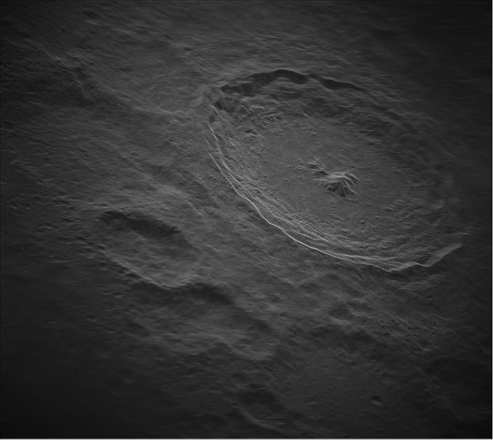 Figure 15: Partially processed view of the Tycho Crater at a resolution of nearly 5 m x 5 m and containing approximately 1.4 billion pixels, taken during a radar project by Green Bank Observatory, National Radio Astronomy Observatory, and Raytheon Intelligence & Space using the Green Bank Telescope and antennas in the VLBA (Very Long Baseline Array). This image covers an area 200 km x 175 km, which is large enough to contain the 86 km-diameter Tycho Crater on the Moon (image credit: NRAO/GBO/Raytheon/NSF/AUI)
