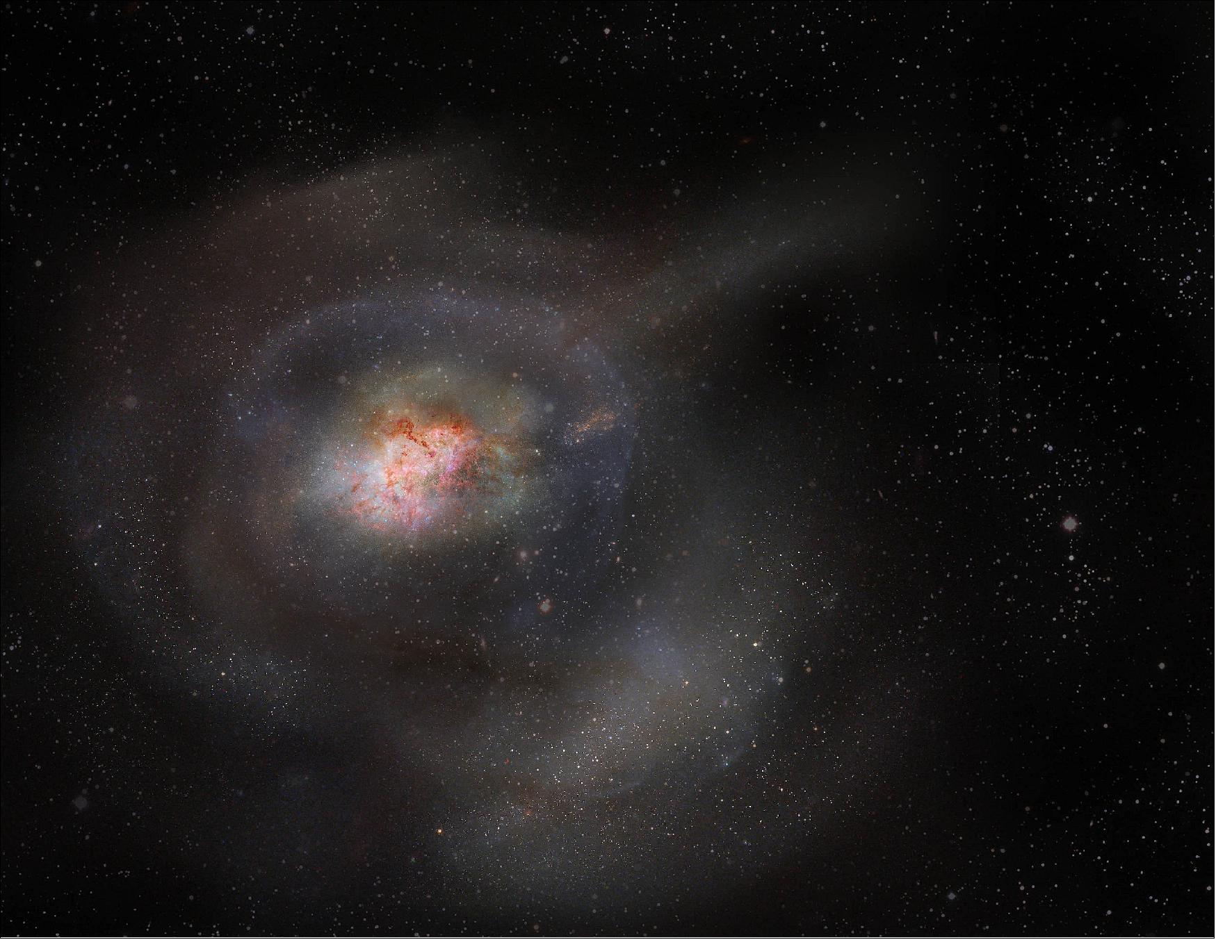 Figure 11: Post-starburst galaxies, or PSBs, were previously thought to expel all of their gas in violent outbursts, leading to quiescence, a time when galaxies stop forming stars. But scientists using the Atacama Large Millimeter/submillimeter Array (ALMA) found that instead, PSBs condense and hold onto this turbulent gas, and then don’t use it to form stars. This artist’s impression highlights the compactness of molecular gas in a PSB and its lack of star formation [image credit: ALMA (ESO/NAOJ/NRAO)/S. Dagnello (NRAO/AUI/NSF)]