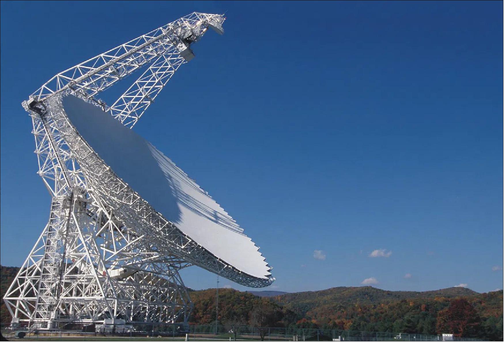 Figure 8: The 100 m diameter Robert C. Byrd GBT (Green Bank Telescope) is the worlds largest steerable telescope, it is ~148 m tall with a mass of 7711 tons, the dish covers an area of 9300 m2 (image credit: NRAO)