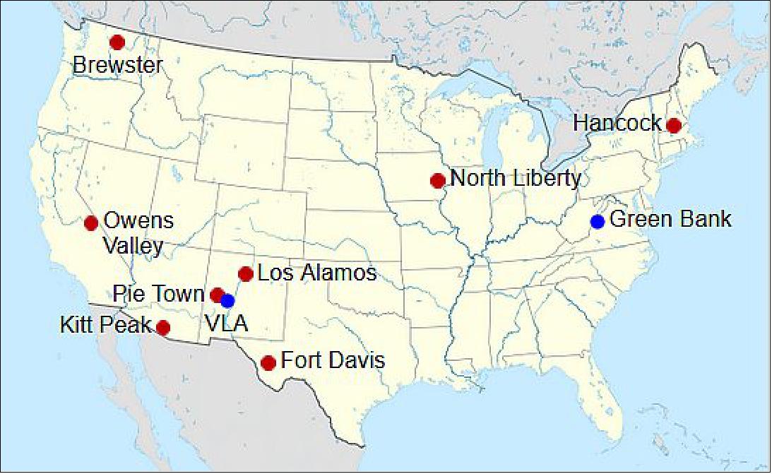 Figure 5: VLBA locations (red) and HSA locations (blue) in the contiguous United States (image credit: NRAO