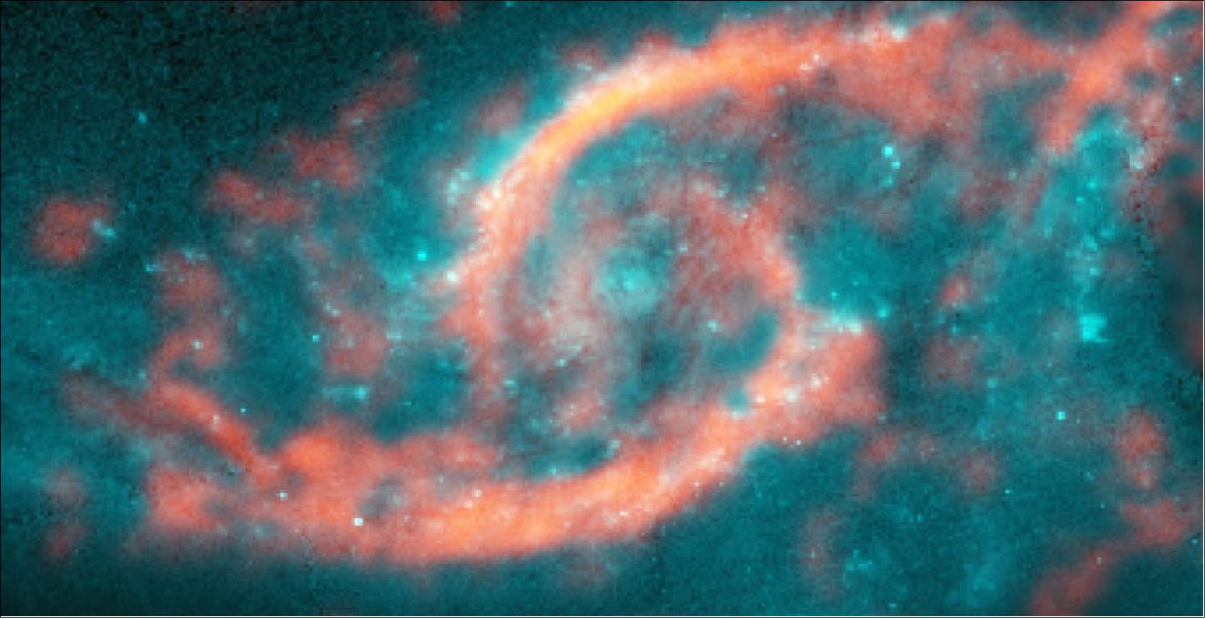 Figure 67: Dazzling eyelid-like features bursting with stars in galaxy IC 2163 formed from a tsunami of stars and gas triggered by a glancing collision with galaxy NGC 2207 (a portion of its spiral arm is shown on right side of image). ALMA image of carbon monoxide (orange), which revealed motion of the gas in these features, is shown on top of Hubble image (blue) of the galaxy (image credit: M. Kaufman; B. Saxton (NRAO/AUI/NSF); ALMA (ESO/NAOJ/NRAO); NASA/ESA Hubble Space Telescope)
