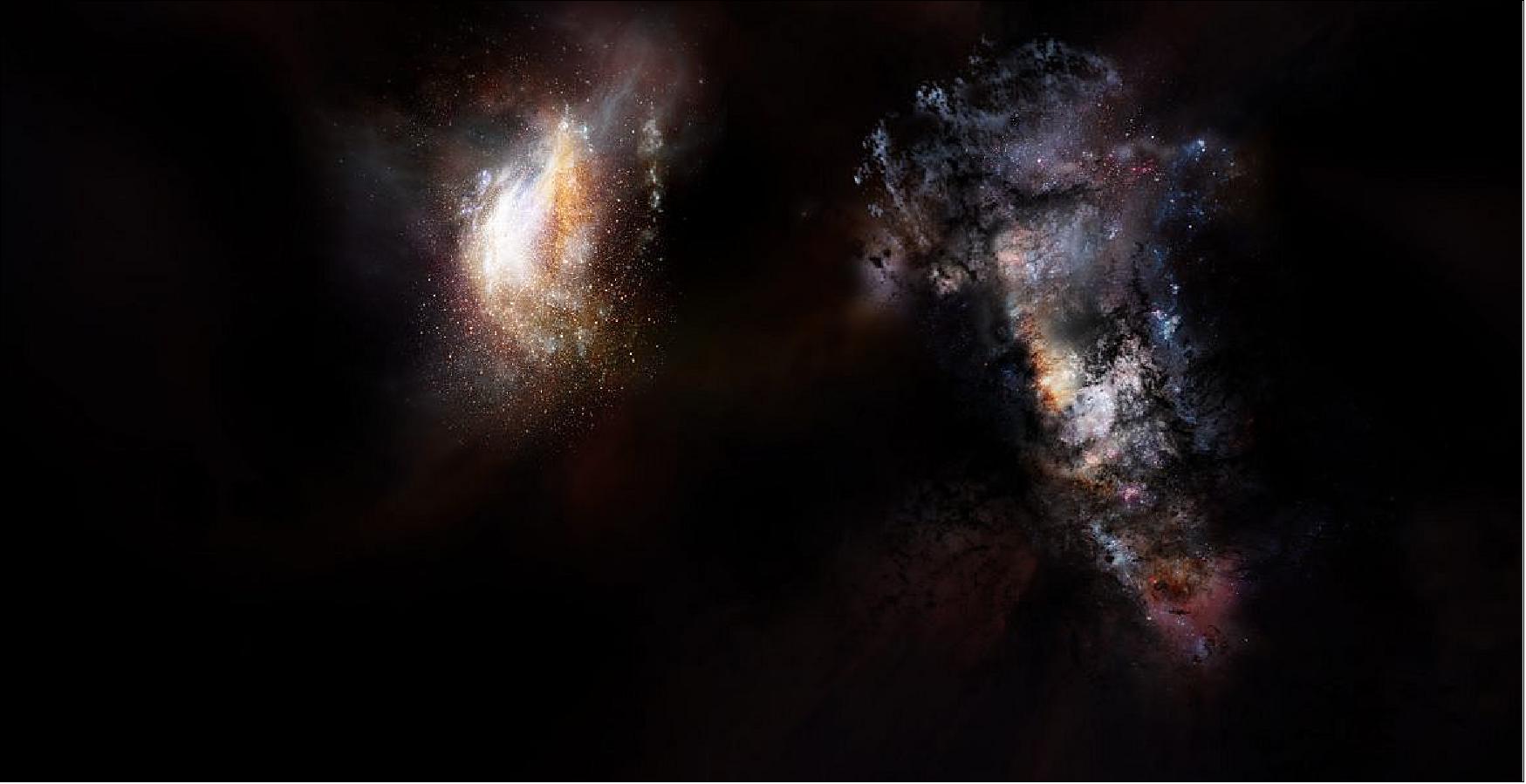 Figure 63: Artist impression of a pair of galaxies from the very early universe (image credit: NRAO/AUI/NSF; D. Berry)