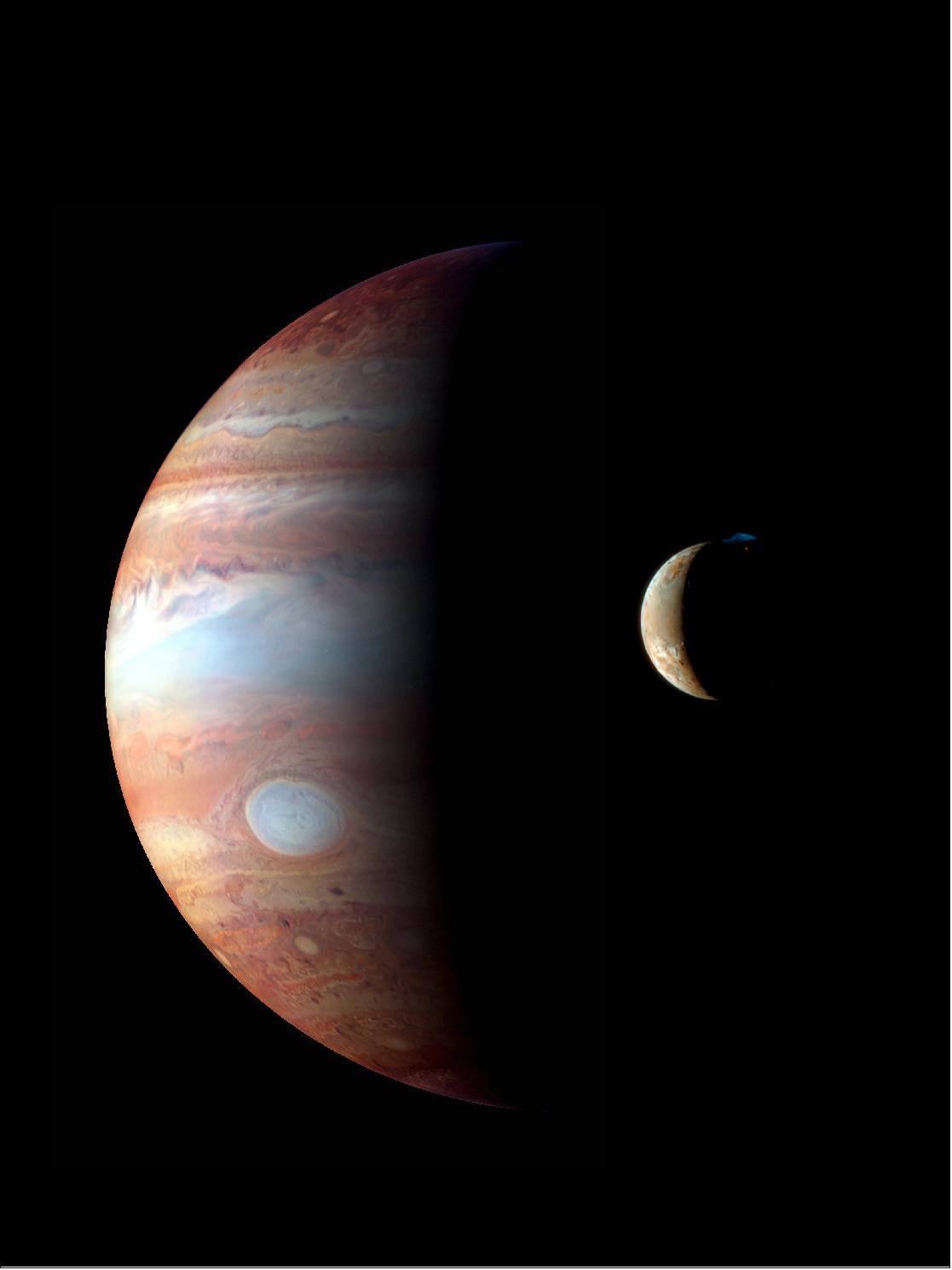 Figure 64: This is a montage of New Horizons images of Jupiter and its volcanic moon Io, taken during the spacecraft's Jupiter flyby in early 2007. The Jupiter image is an infrared color composite taken by the spacecraft's near-infrared imaging spectrometer, the Linear Etalon Imaging Spectral Array (LEISA) at 1:40 UTC on 28 February, 2007 (image credit: NASA, JHU/APL)