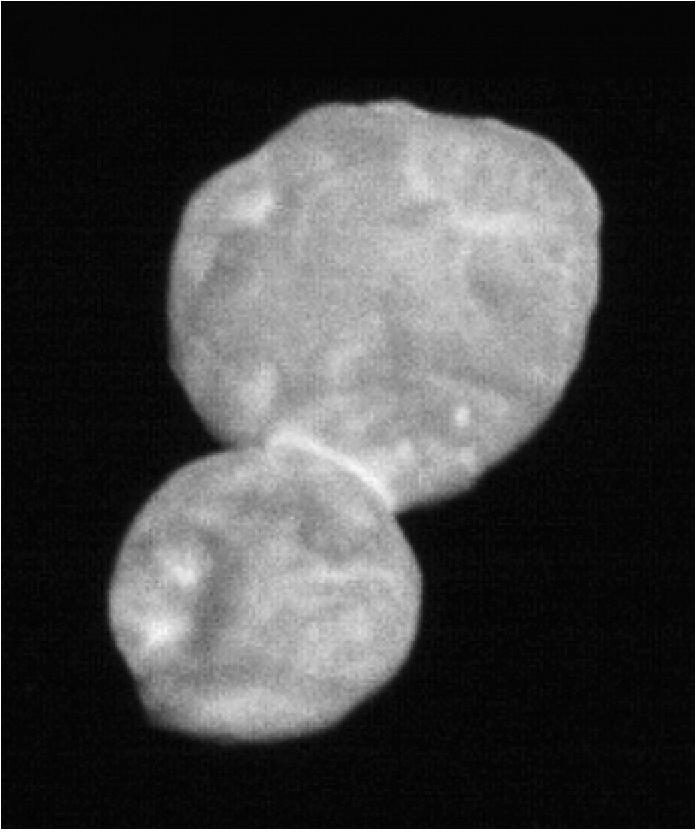 Figure 43: This image, taken by LORRI (Long-Range Reconnaissance Imager), is the most detailed of Ultima Thule returned so far by the New Horizons spacecraft. It was taken at 5:01 UTC on January 1, 2019, just 30 minutes before closest approach from a range of 28,000 km, with an original scale of 140 m/pixel (image credit: NASA, JHU/APL, SwRI)