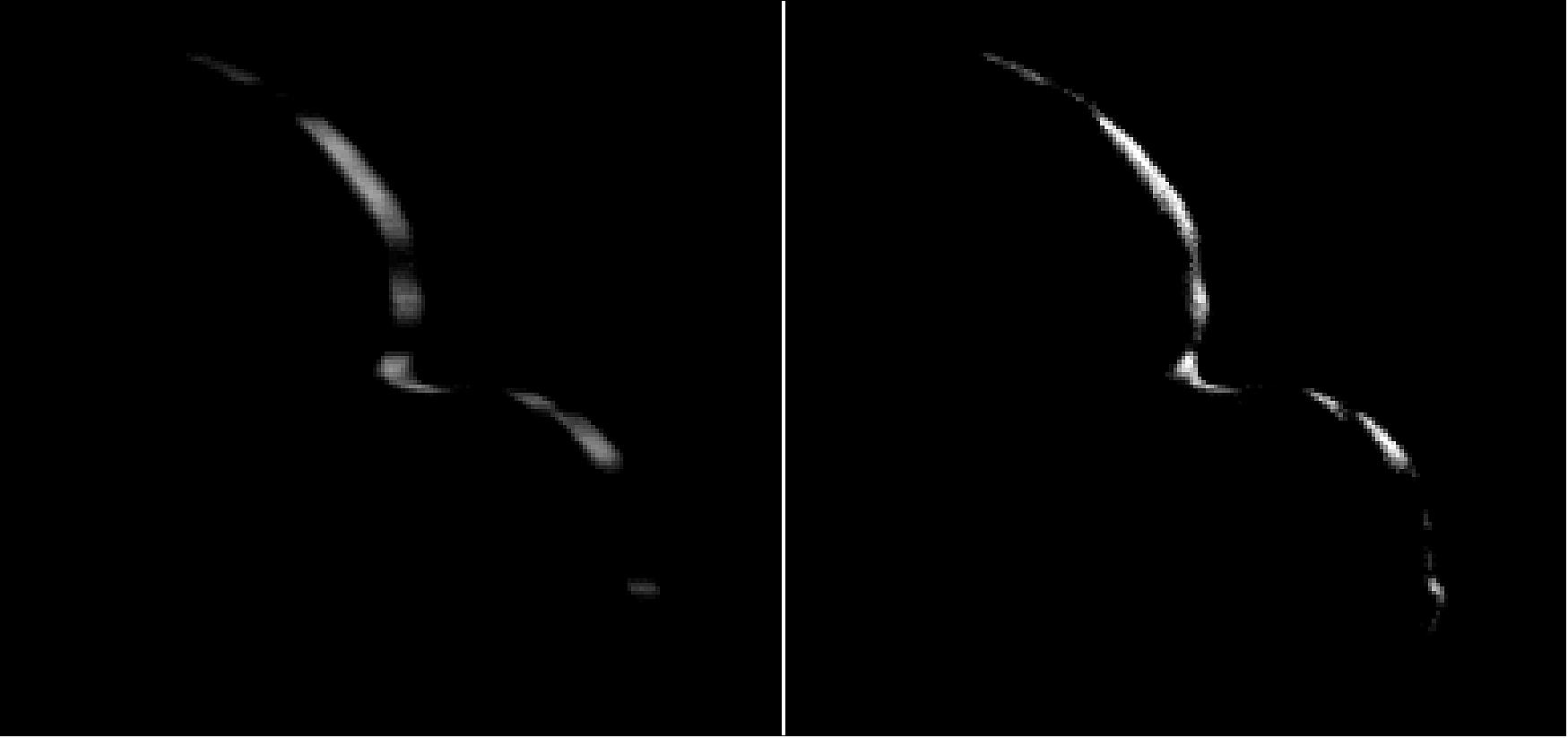 Figure 39: The Crescent View: New Horizons took this image of the Kuiper Belt object 2014 MU69 (nicknamed Ultima Thule) on Jan. 1, 2019, when the NASA spacecraft was 5,494 miles (8,862 km) beyond it. The image to the left is an "average" of ten images taken by the Long Range Reconnaissance Imager (LORRI); the crescent is blurred in the raw frames because a relatively long exposure time was used during this rapid scan to boost the camera's signal level. Mission scientists have been able to process the image, removing the motion blur to produce a sharper, brighter view of Ultima Thule's thin crescent (image credit: NASA/Johns Hopkins Applied Physics Laboratory/Southwest Research Institute/National Optical Astronomy Observatory)