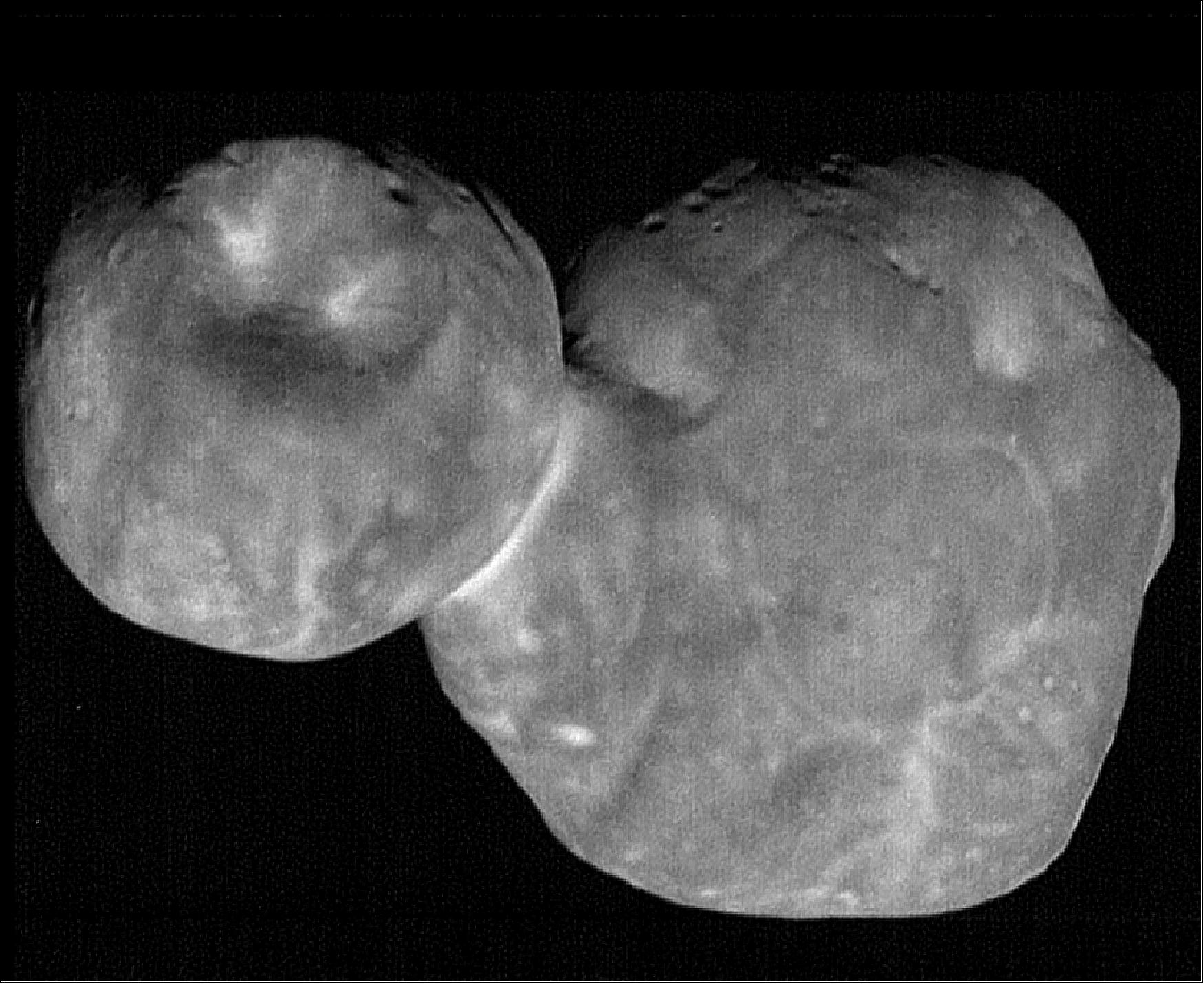 Figure 37: The most detailed images of Ultima Thule — obtained just minutes before the spacecraft's closest approach at 12:33 a.m. EST on Jan. 1 — have a resolution of about 33 m/pixel. Their combination of higher spatial resolution and a favorable viewing geometry offer an unprecedented opportunity to investigate the surface of Ultima Thule, believed to be the most primitive object ever encountered by a spacecraft. — This processed, composite picture combines nine individual images taken with the Long Range Reconnaissance Imager (LORRI), each with an exposure time of 0.025 seconds, just 6 ½ minutes before the spacecraft's closest approach to Ultima Thule (officially named 2014 MU69). The image was taken at 5:26 UT (12:26 a.m. EST) on Jan. 1, 2019, when the spacecraft was 6,628 km from Ultima Thule and 6.6 billion km from Earth. The angle between the spacecraft, Ultima Thule and the Sun – known as the "phase angle" – was 33 degrees (image credit: NASA, JHU/APL, SwRI, National Optical Astronomy Observatory)