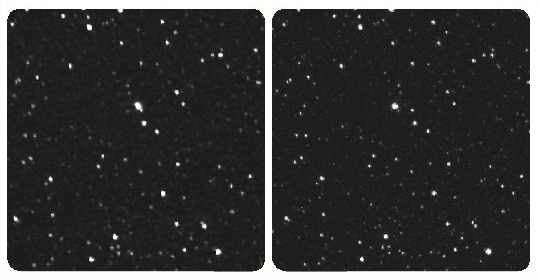 Figure 30: Parallel Stereo of Proxima Centauri: Use a stereo viewer for these images; if you don’t have a viewer, change your focus from the image by looking "through" it (and the screen) and into the distance. This creates the effect of a third image in the middle, and try setting your focus on that third image. The New Horizons image is on the left (image credit: NASA, JHU/APL, SwRI)