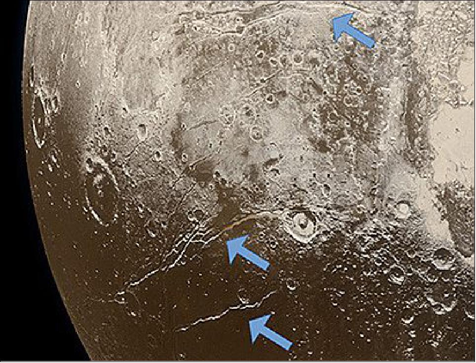 Figure 26: Extensional faults (arrows) on the surface of Pluto indicate expansion of the dwarf planet’s icy crust, attributed to freezing of a subsurface ocean (image credit: NASA/Johns Hopkins University Applied Physics Laboratory/Southwest Research Institute/Alex Parker)