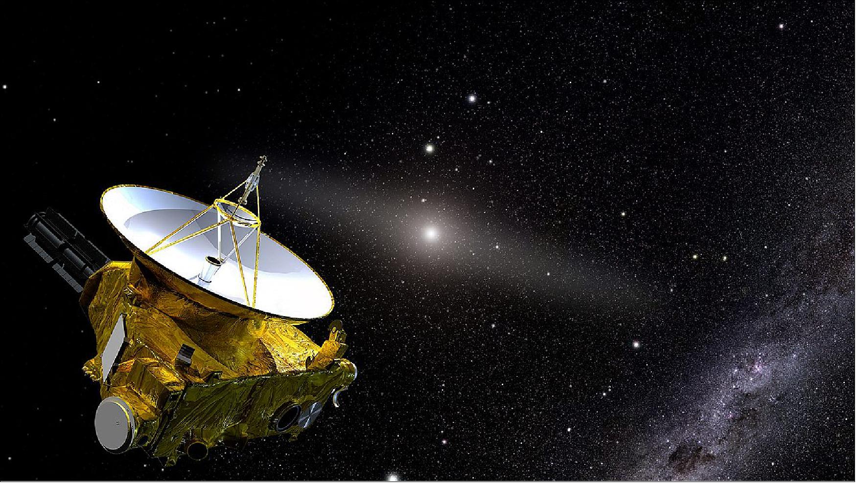 Figure 22: This artist’s illustration shows NASA’s New Horizons spacecraft in the outer solar system. In the background lies the Sun and a glowing band representing zodiacal light, caused by sunlight reflecting off of dust. By traveling beyond the inner solar system and its accompanying light pollution, New Horizons was able to answer the question: How dark is space? At lower right are background stars of the Milky Way (image credit: STScI, Joe Olmsted)
