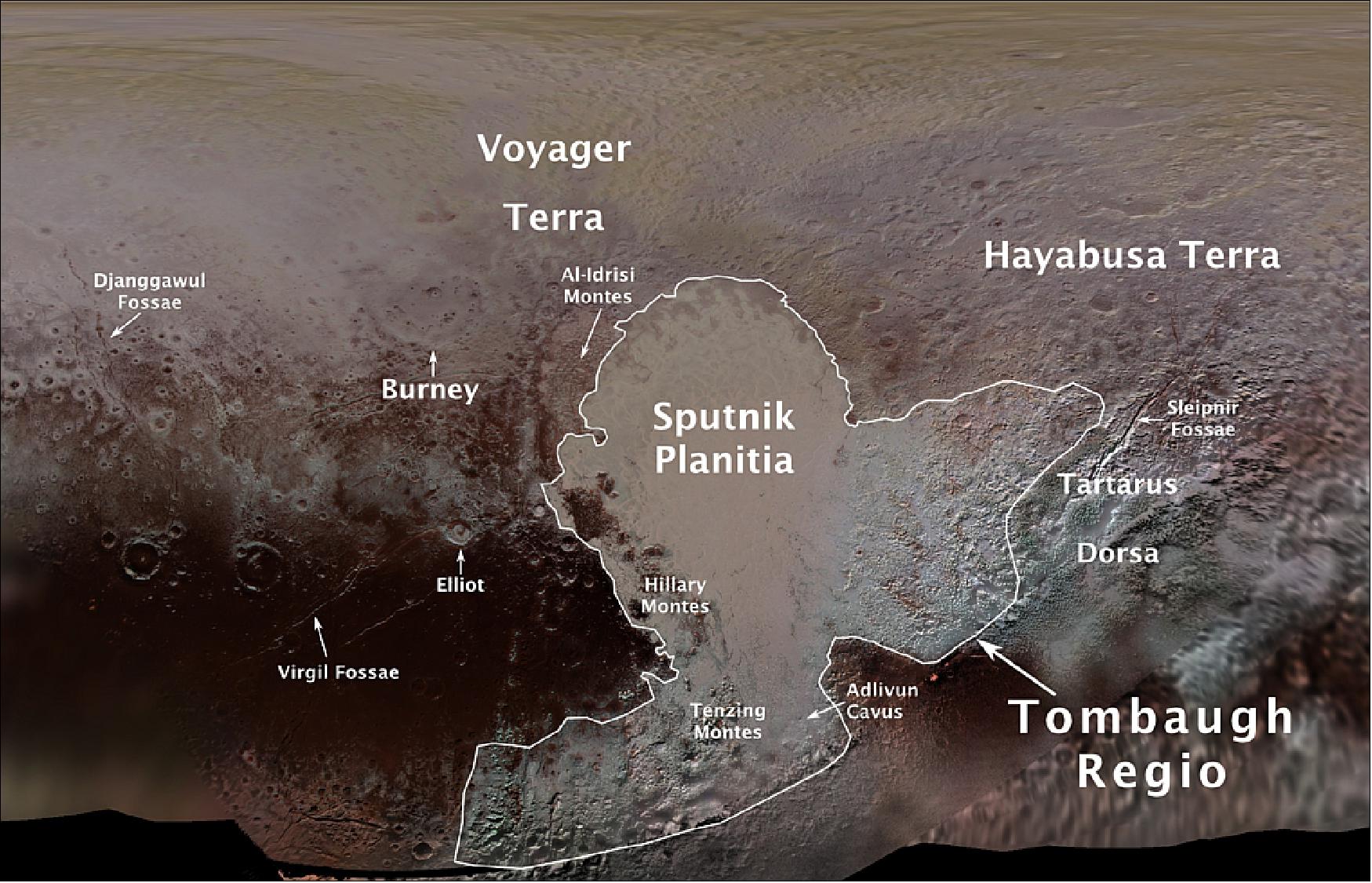Figure 51: Pluto's first official surface-feature names are marked on this map, compiled from images and data gathered by NASA's New Horizons spacecraft during its flight through the Pluto system in 2015 (image credit: NASA, JHU/APL, SwRI, Ross Beyer)