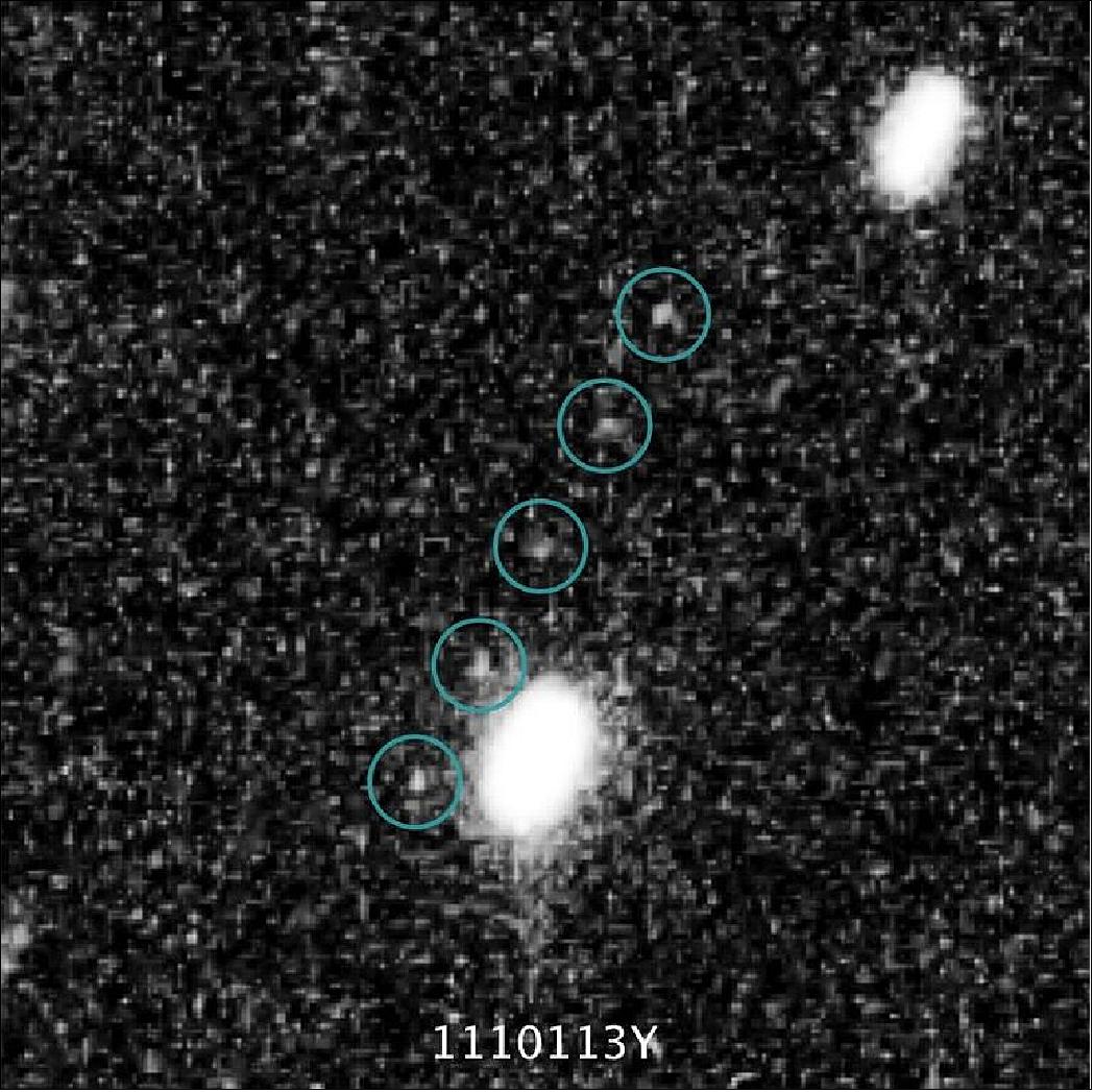 Figure 48: NASA's Hubble Space Telescope discovered the next target for the New Horizons spacecraft — 2014 MU69, nicknamed Ultima Thule — in June 2014. Seen in these five overlaid images, the object resides more than one billion miles beyond Pluto in the frigid outer reaches of the Kuiper Belt. New Horizons will reach Ultima Thule on New Year's Day 2019 (image credit: NASA, STScI, JHU/APL, SwRI)