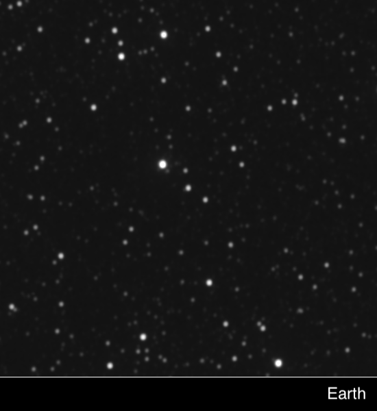 Figure 27: This two-frame animation of Proxima Centauri blinks back and forth between New Horizons and Earth images of each star, clearly illustrating the different view of the sky New Horizons has from its deep-space perch. The image was obtained on April 22 at 12:51 UT (8:51 a.m. ET) by a remotely operated 0.4-meter telescope at the Siding Spring node of the Las Cumbres Observatory in Australia. The timing accounts for New Horizons being nearly three light hours closer to Proxima Centauri than Earth when the images were taken (image credit: NASA, JHU/APL, SwRI)