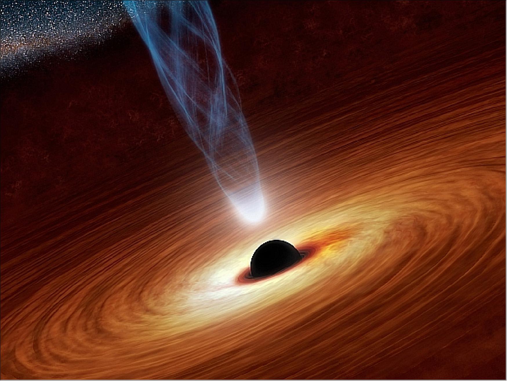 Figure 44: The artist's concept illustrates a supermassive black hole with millions to billions times the mass of our sun. Supermassive black holes are enormously dense objects buried at the hearts of galaxies (image credit: NASA/JPL)