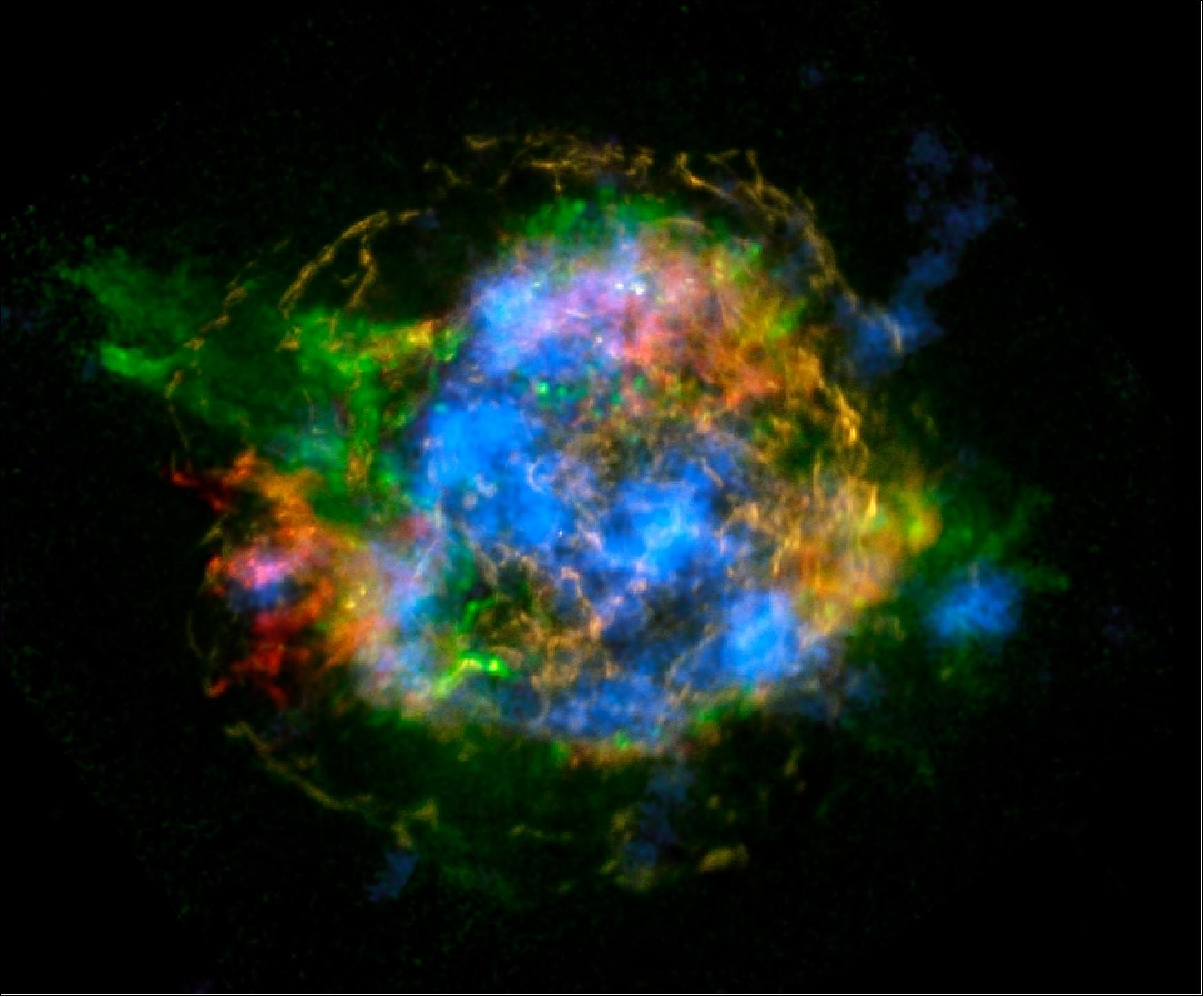 Figure 42: This is the first map (false color image) of radioactivity in a supernova remnant, the blown-out bits and pieces of a massive star that exploded. The blue color shows radioactive material mapped in high-energy X-rays using NuSTAR (image credit: NASA/JPL-Caltech, CXC, SAO)