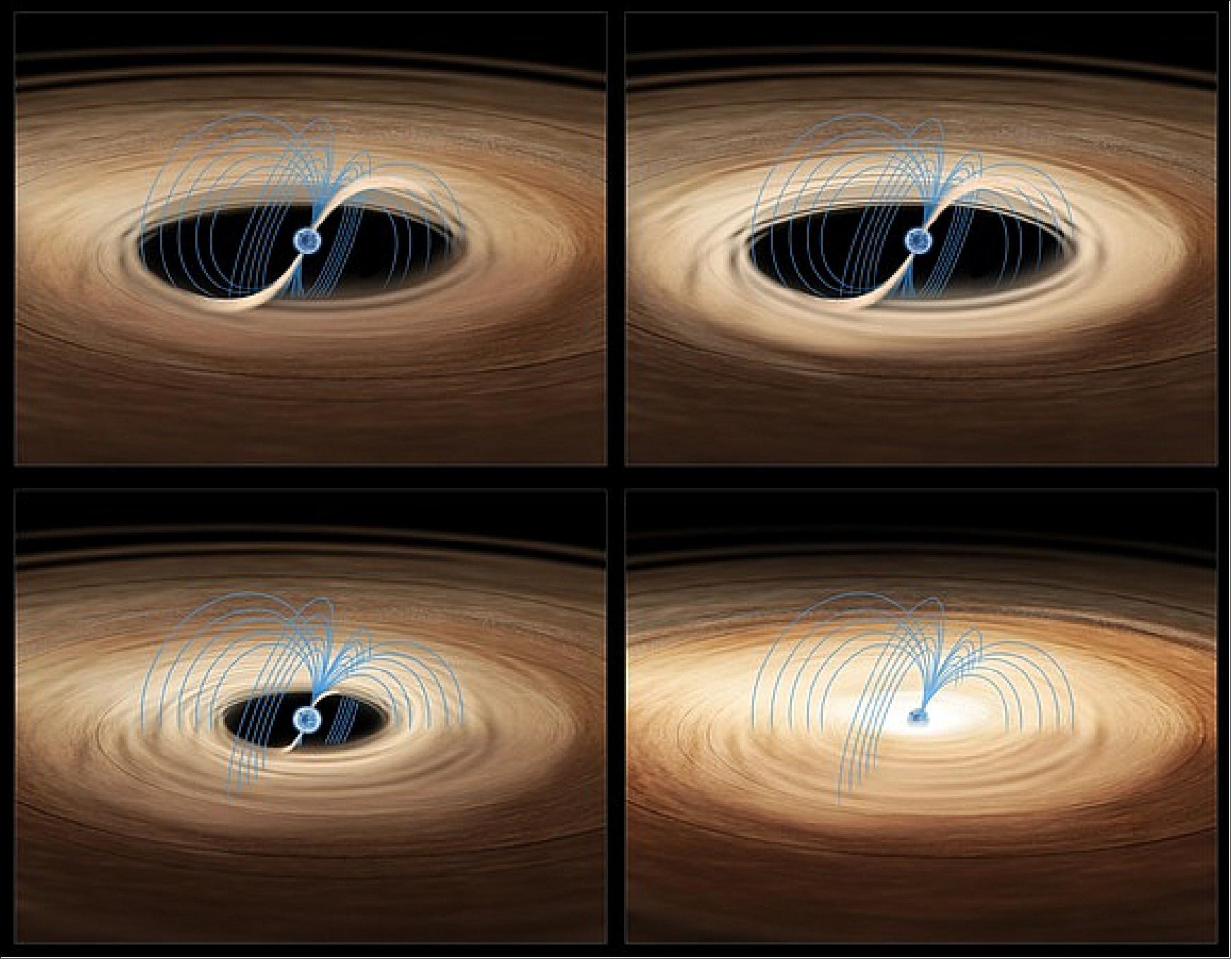 Figure 30: These four images show an artist's impression of gas accreting onto the neutron star in the binary system MXB 1730-335, also known as the "Rapid Burster" (image credit: NASA/JPL, Caltech)