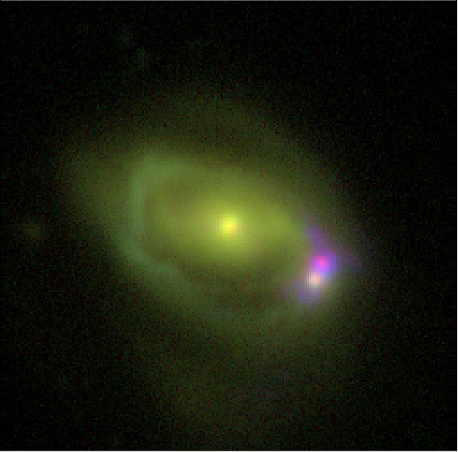 Figure 27: This optical image shows the Was 49 system, which consists of a large disk galaxy, Was 49a, merging with a much smaller "dwarf" galaxy Was 49b. The image was compiled using observations from the DCT (Discovery Channel Telescope) in Happy Jack, Arizona, using the same color filters as the Sloan Digital Sky Survey (image credit: DCT/NRL)