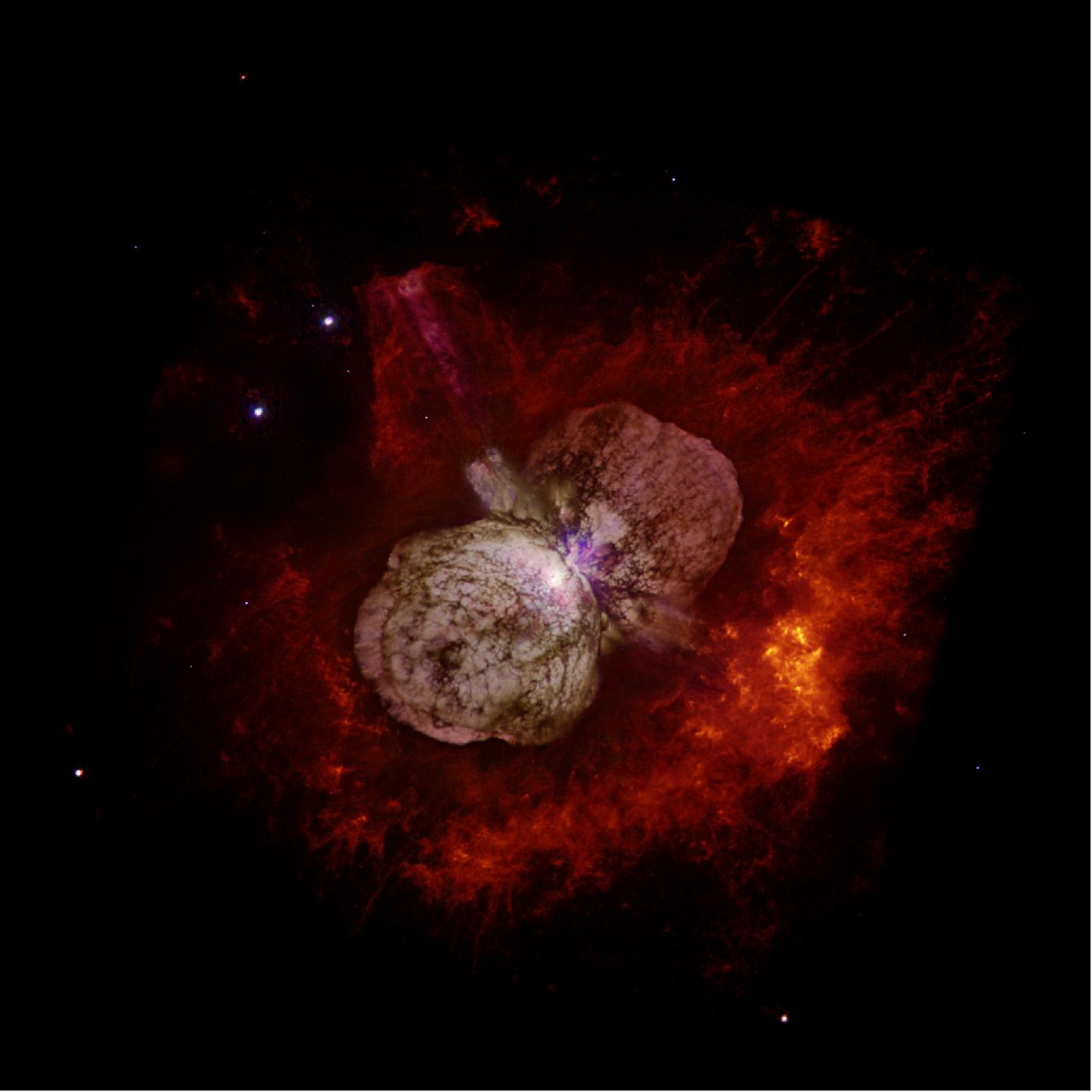 Figure 24: Eta Carinae's great eruption in the 1840s created the billowing Homunculus Nebula, imaged here by Hubble. Now about a light-year long, the expanding cloud contains enough material to make at least 10 copies of our Sun. Astronomers cannot yet explain what caused this eruption (image credit: NASA, ESA, and the Hubble SM4 ERO Team)