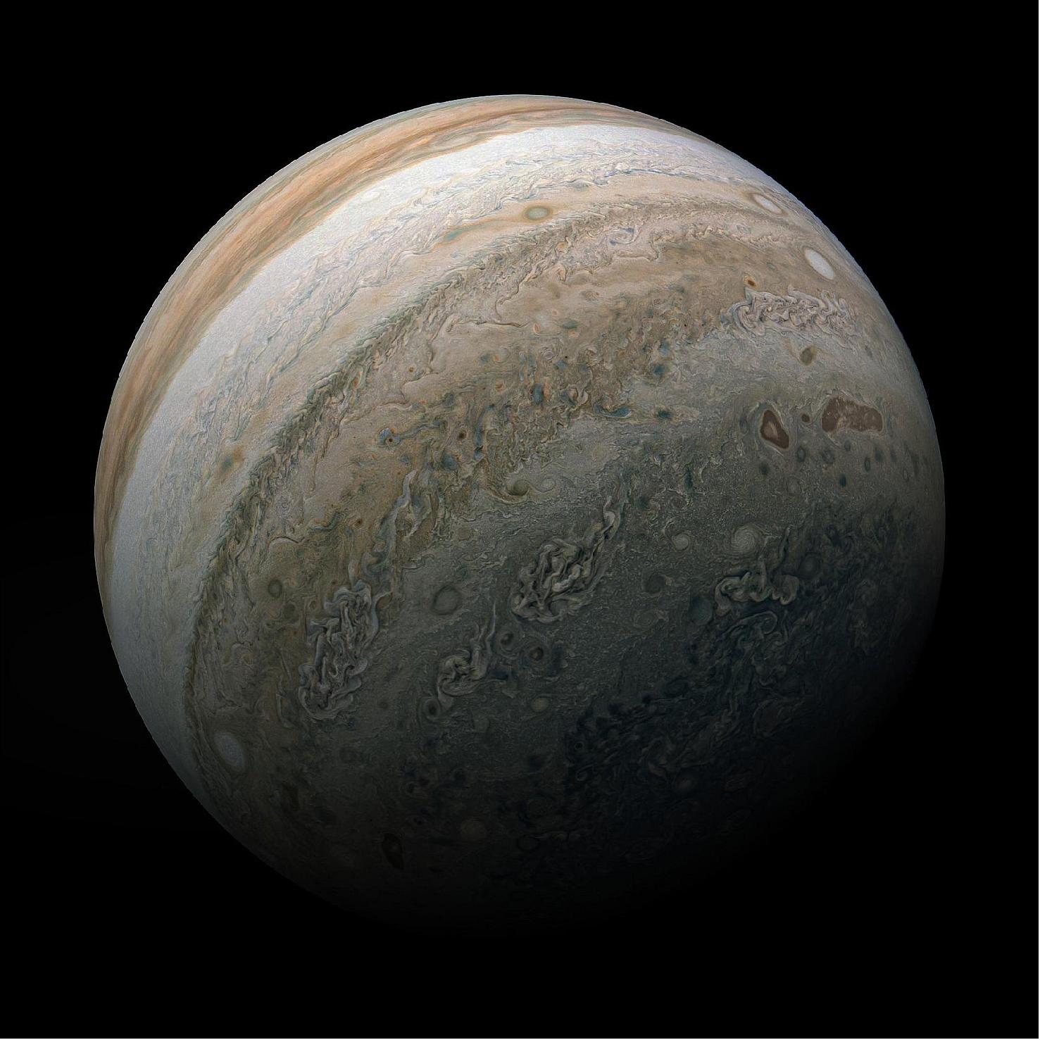 Figure 15: Jupiter's southern hemisphere is shown in this image from NASA's Juno mission. New observations by NASA's NuSTAR reveal that auroras near both the planet's poles emit high-energy X-rays, which are produced when accelerated particles collide with Jupiter's atmosphere (image credit: Enhanced image by Kevin M. Gill (CC-BY) based on images provided courtesy of NASA/JPL-Caltech/SwRI/MSSS)
