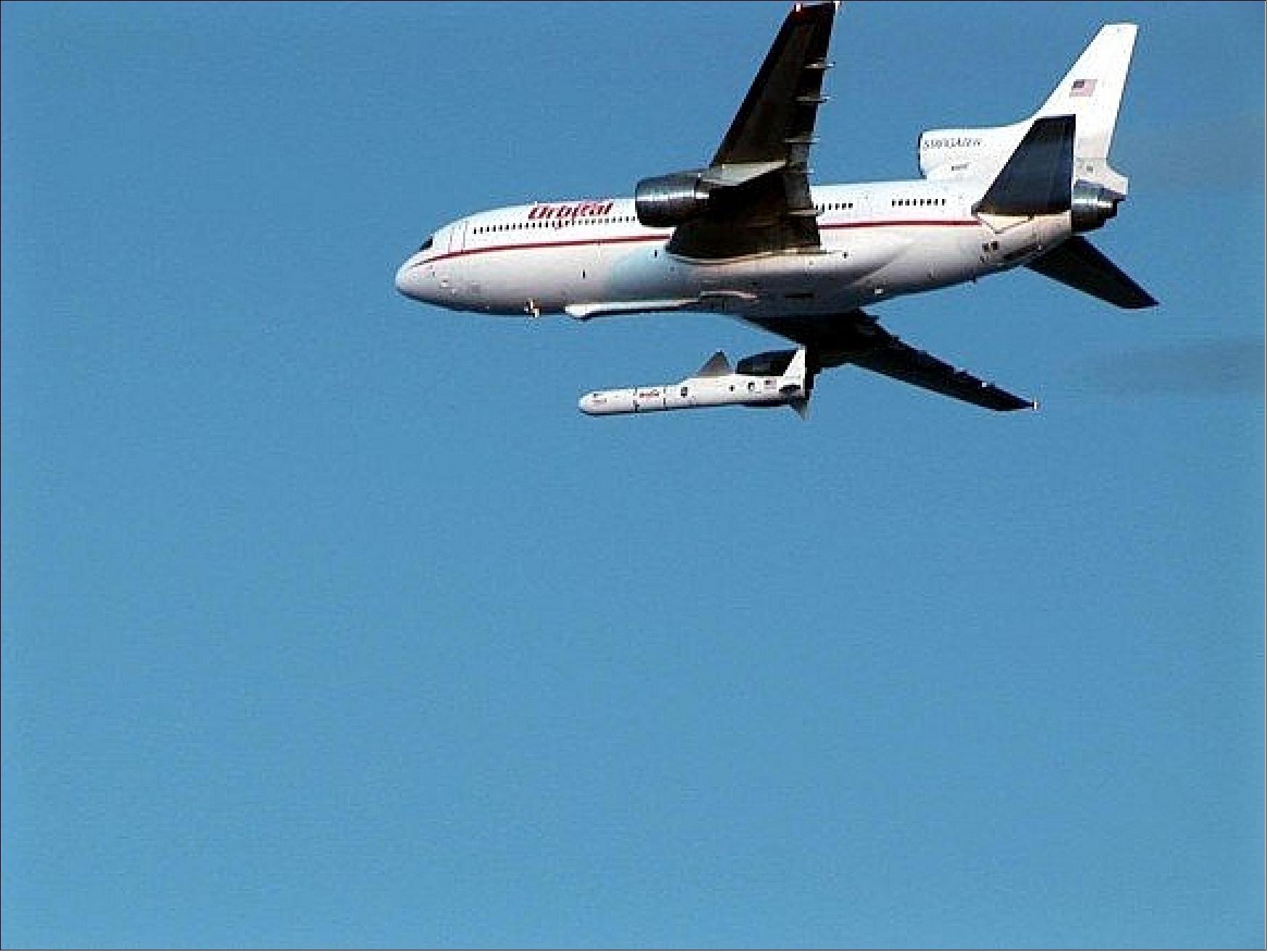 Figure 10: Photo of a Pegasus rocket which launches from underneath the L-1011 "Stargazer" aircraft (image credit: NASA, Orbital)