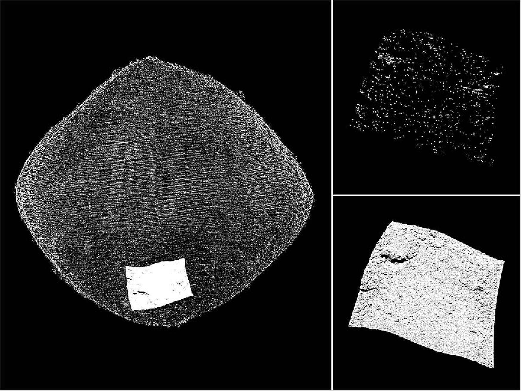Figure 50: The same area of asteroid Bennu's surface – a potential sample site known as Sandpiper – was measured by each of OLA's lasers. OLA's high-energy laser transmitter (HELT) captured its measurements from a distance of 5 km (top right). OLA's low-energy laser transmitter (LELT) captured the details of the site's boulders and craters from a distance of only 700 m (bottom right); image creation: Michael Daly, Centre for Research in Earth and Space Science, York University, credit: NASA/University of Arizona/Canadian Space Agency/York University/MDA)