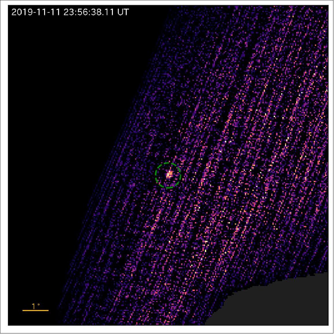 Figure 40: This image shows the X-ray outburst from the black hole MAXI J0637-043, detected by the REXIS instrument on NASA's OSIRIS-REx spacecraft. The image was constructed using data collected by the X-ray spectrometer while REXIS was making observations of the space around asteroid Bennu on Nov. 11, 2019. The outburst is visible in the center of the image, and the image is overlaid with the limb of Bennu (lower right) to illustrate REXIS’s field of view (image credit: NASA/Goddard/University of Arizona/MIT/Harvard)