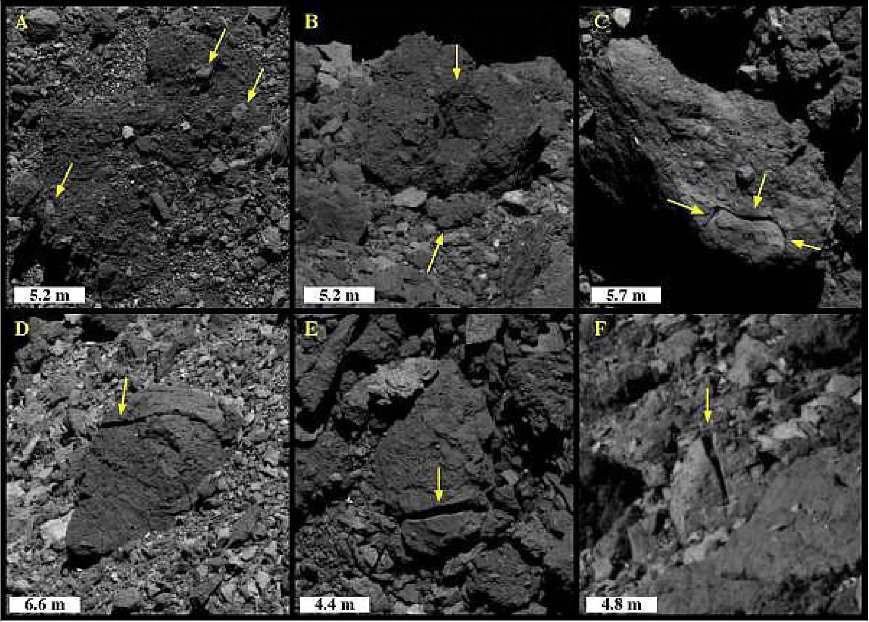 Figure 34: Examples of disaggregation (top) and linear fractures (bottom) in boulders of varying sizes on Bennu (image credit: NASA/Goddard/University of Arizona)