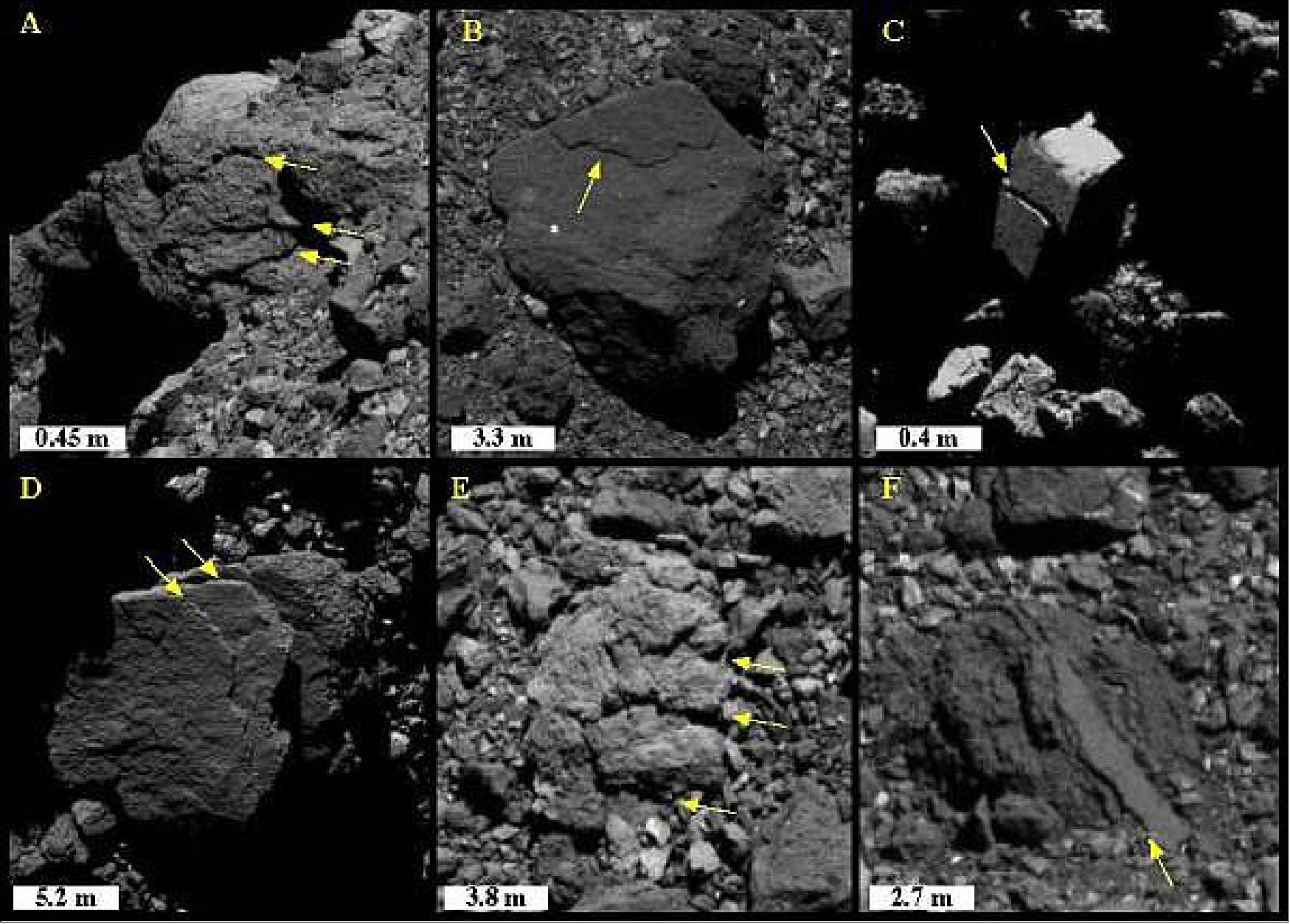 Figure 33: Exfoliation features on a cliff face (a) and on boulders (b-f) with varying size and location. The bright dome on the horizon of panel (a) is a boulder behind the exfoliating cliff (image credit: NASA/Goddard/University of Arizona)