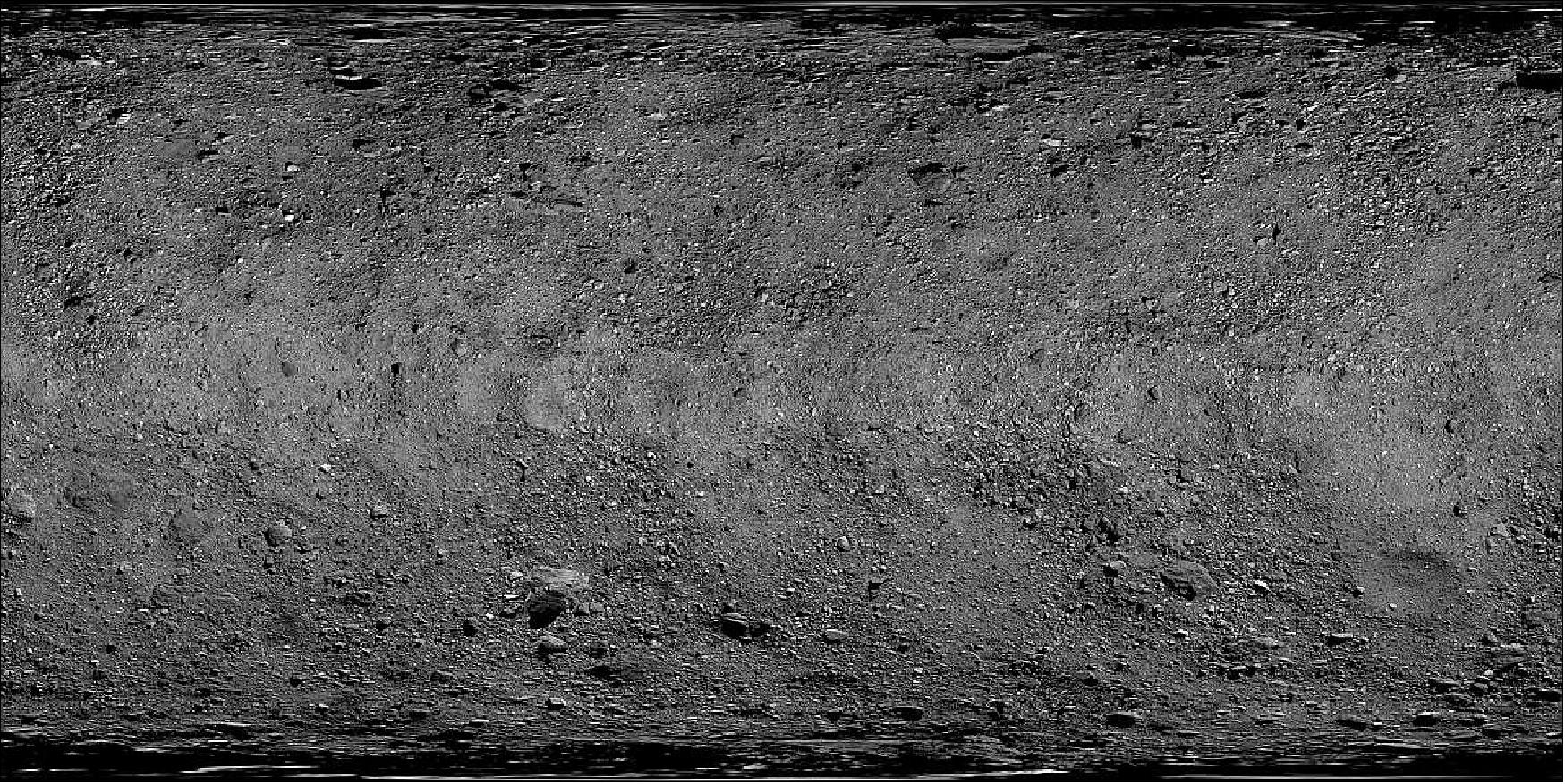 Figure 32: This global map of asteroid Bennu’s surface was created by stitching and correcting 2,155 PolyCam images. At 2 inches (5 cm) per pixel, this is the highest resolution at which a planetary body has been globally mapped (image credit: NASA/Goddard/University of Arizona)