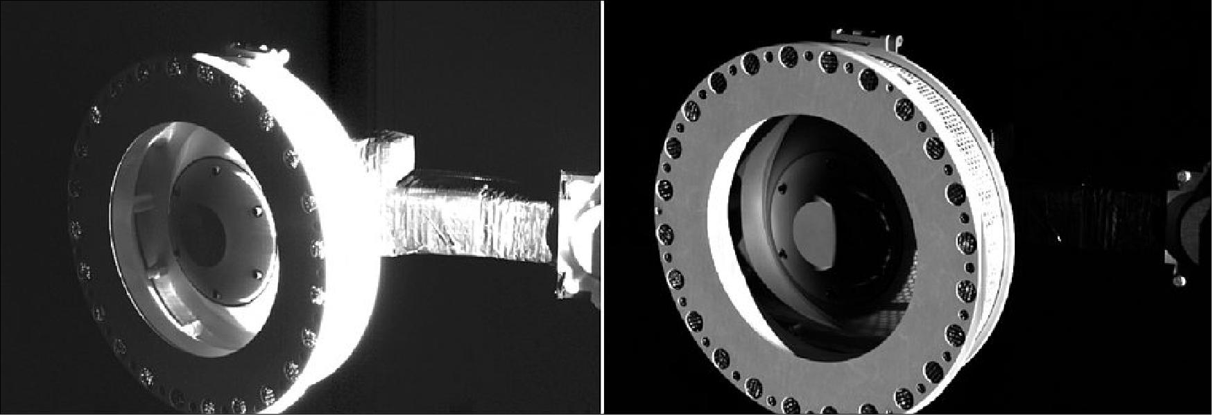 Figure 27: These images show the OSIRIS-REx Touch-and-Go Sample Acquisition Mechanism (TAGSAM) sampling head extended from the spacecraft at the end of the TAGSAM arm. The spacecraft’s SamCam camera captured the images on Nov. 14, 2018 as part of a visual checkout of the TAGSAM system, which was developed by Lockheed Martin Space to acquire a sample of asteroid material in a low-gravity environment. The imaging was a rehearsal for a series of observations that will be taken at Bennu directly after sample collection (image credits: NASA/Goddard/University of Arizona)