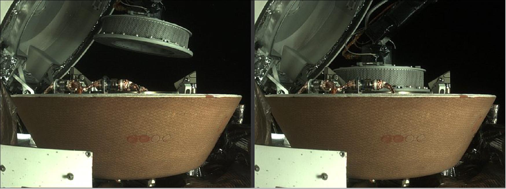Figure 22: The left image shows the OSIRIS-REx collector head hovering over the Sample Return Capsule (SRC) after the TAGSAM (Touch-And-Go Sample Acquisition Mechanism) arm moved it into the proper position for capture. The right image shows the collector head secured onto the capture ring in the SRC. Both images were captured by the StowCam camera (image credits: NASA/Goddard/University of Arizona/Lockheed Martin)